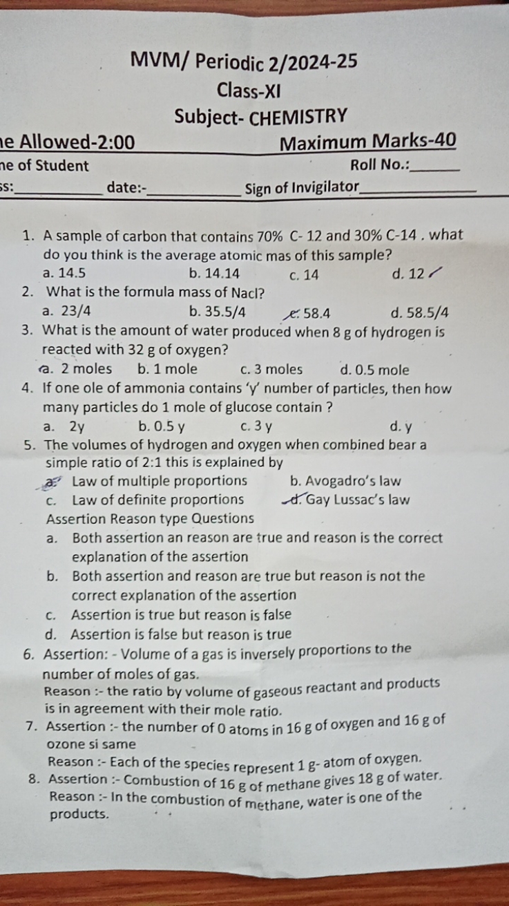 MVM/ Periodic 2/2024-25
Class-XI
Subject- CHEMISTRY
e Allowed-2:00
Max