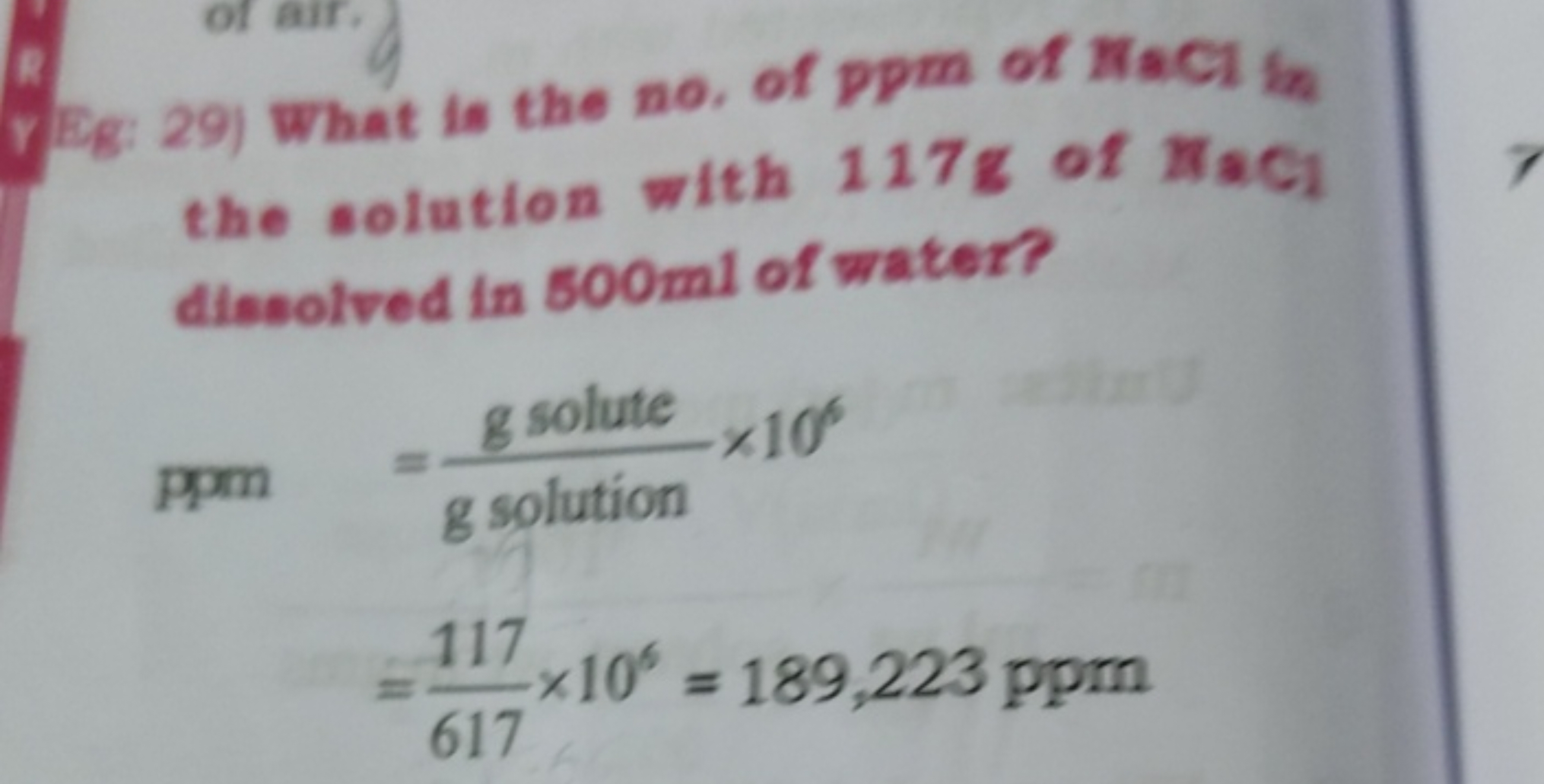 Eg: 29) What is the no. of ppm of FaCl in the solution with 117 g of M