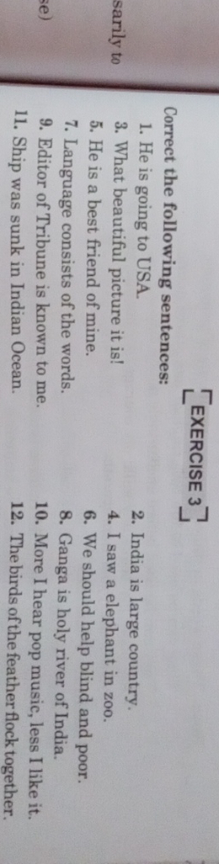 [EXERCISE 3]
Correct the following sentences:
1. He is going to USA.
3