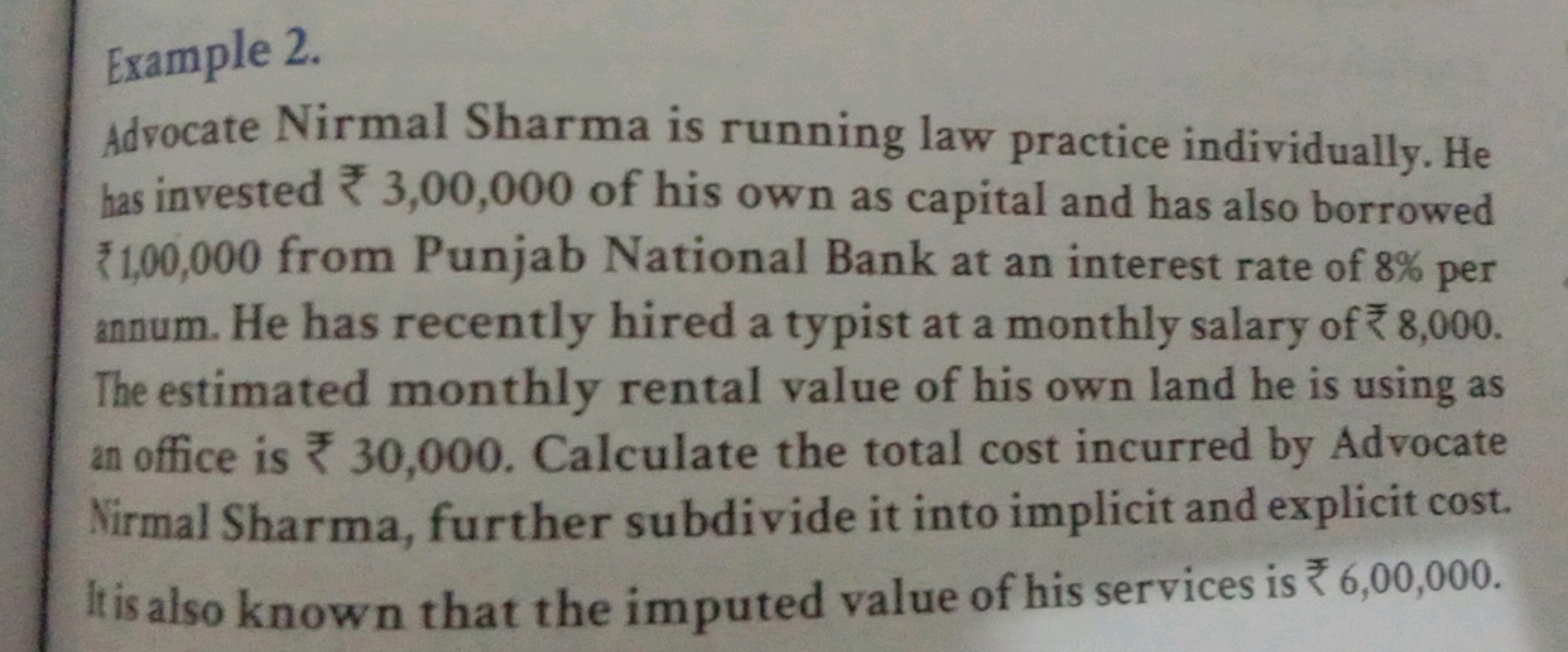 Example 2.
Advocate Nirmal Sharma is running law practice individually