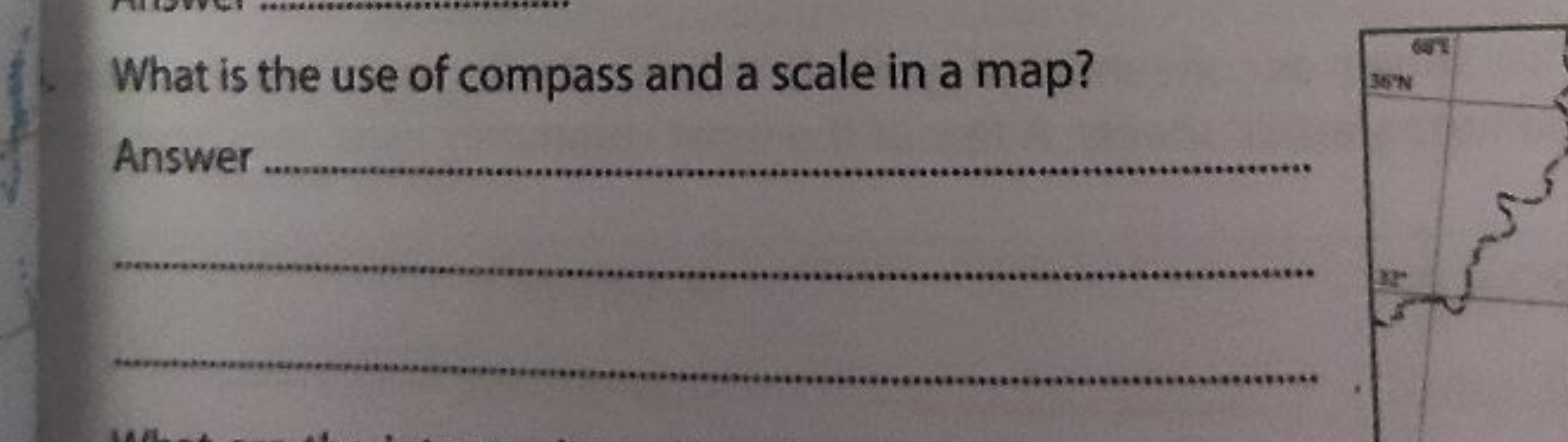 What is the use of compass and a scale in a map?
Answer
64 E
36°N