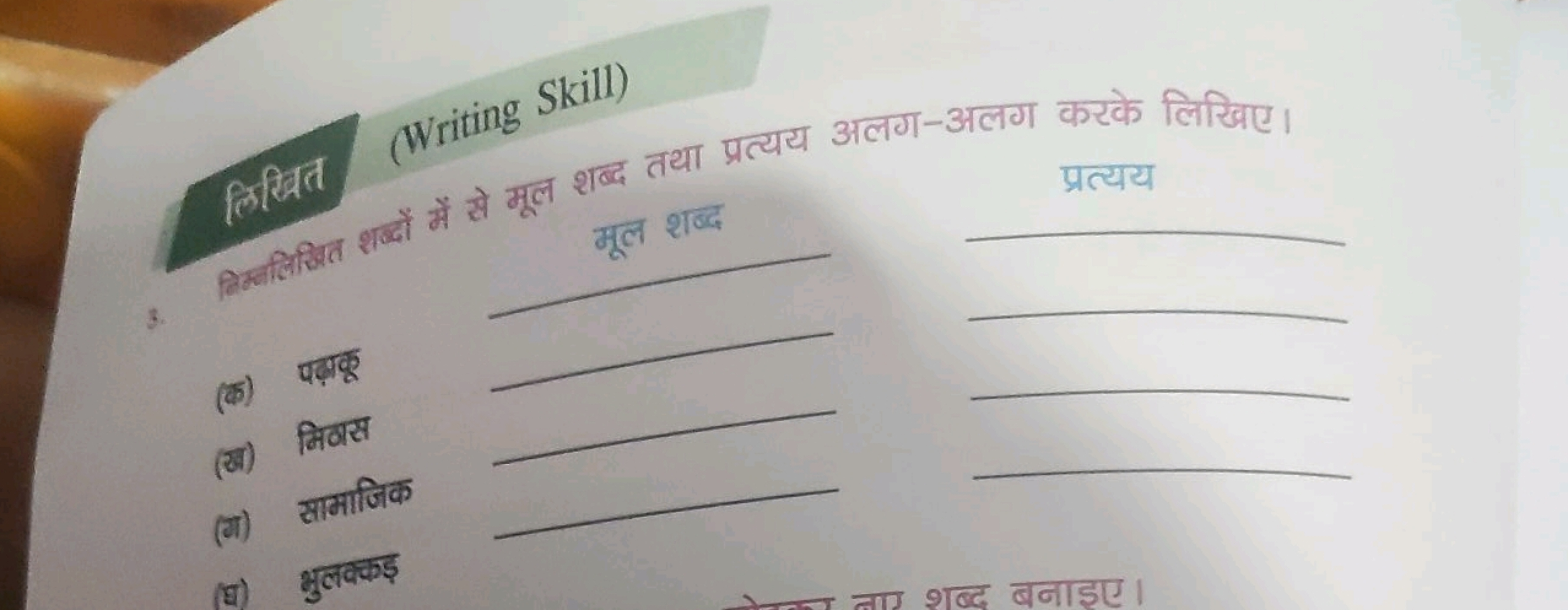 (Writing Skill)
विद्वित
प्रत्यय  
(क) पक़ाक्रक 
(ख) भिठस
(ग) स्रामाजिक