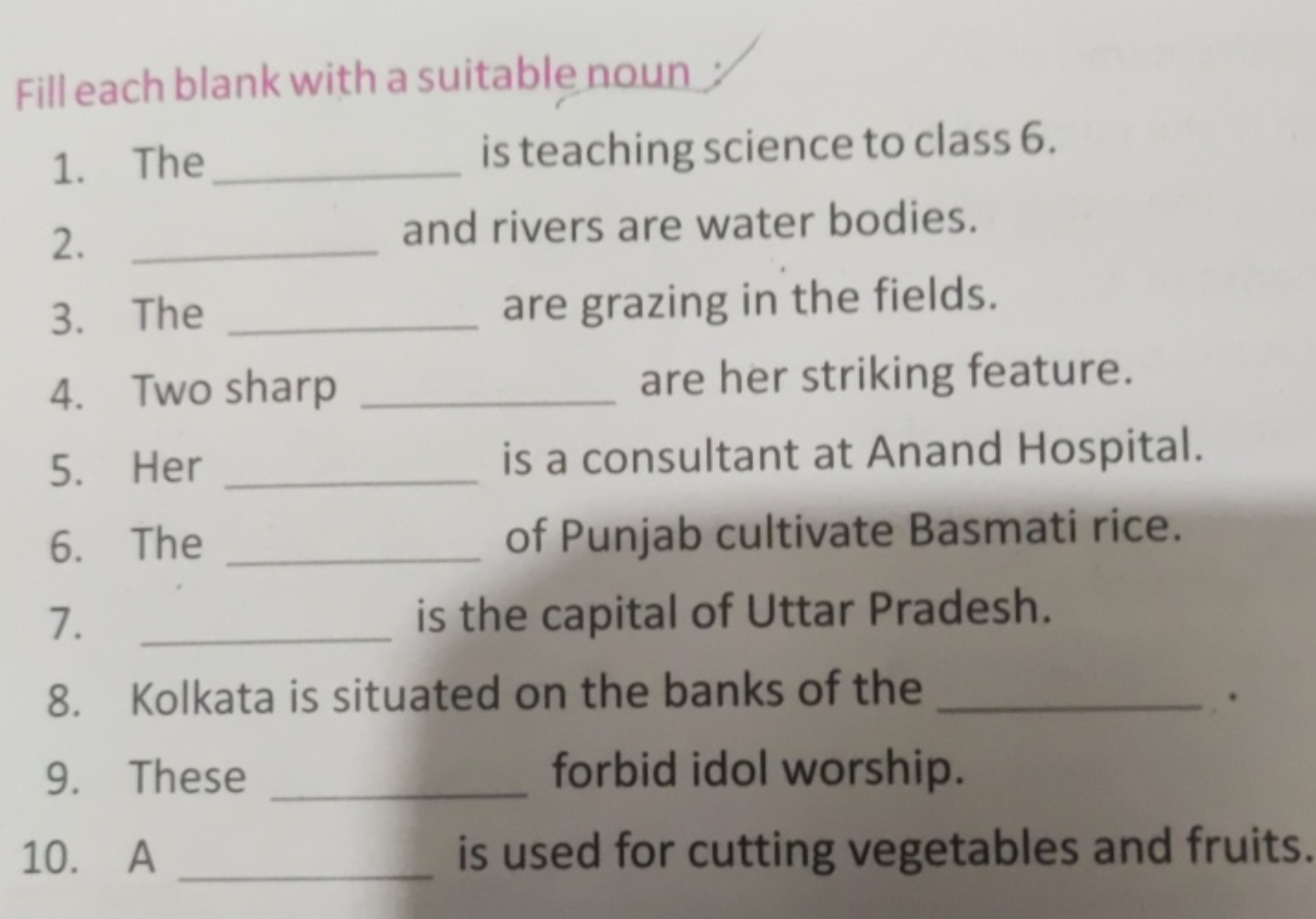 Fill each blank with a suitable noun
1. The  is teaching science to cl