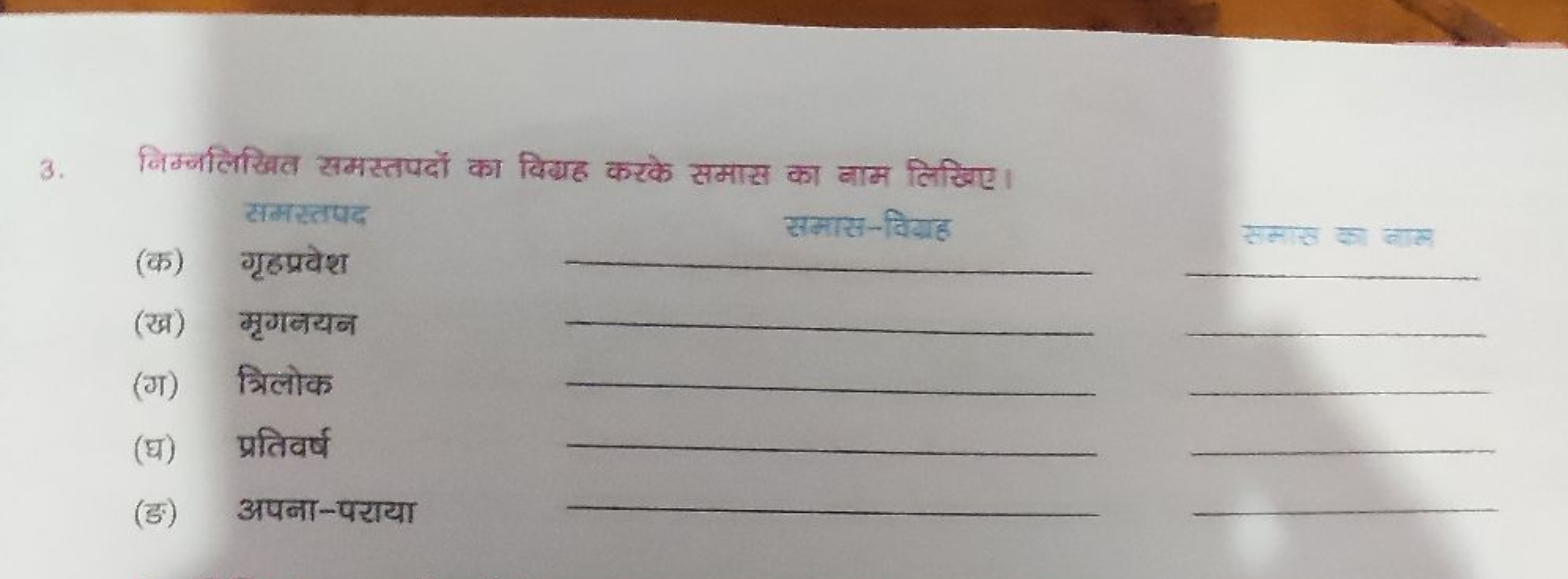 3. निम्नलिखित समस्तपदों का वियह करके समास का नाम लिखिए।

समस्तपद
(क) ग