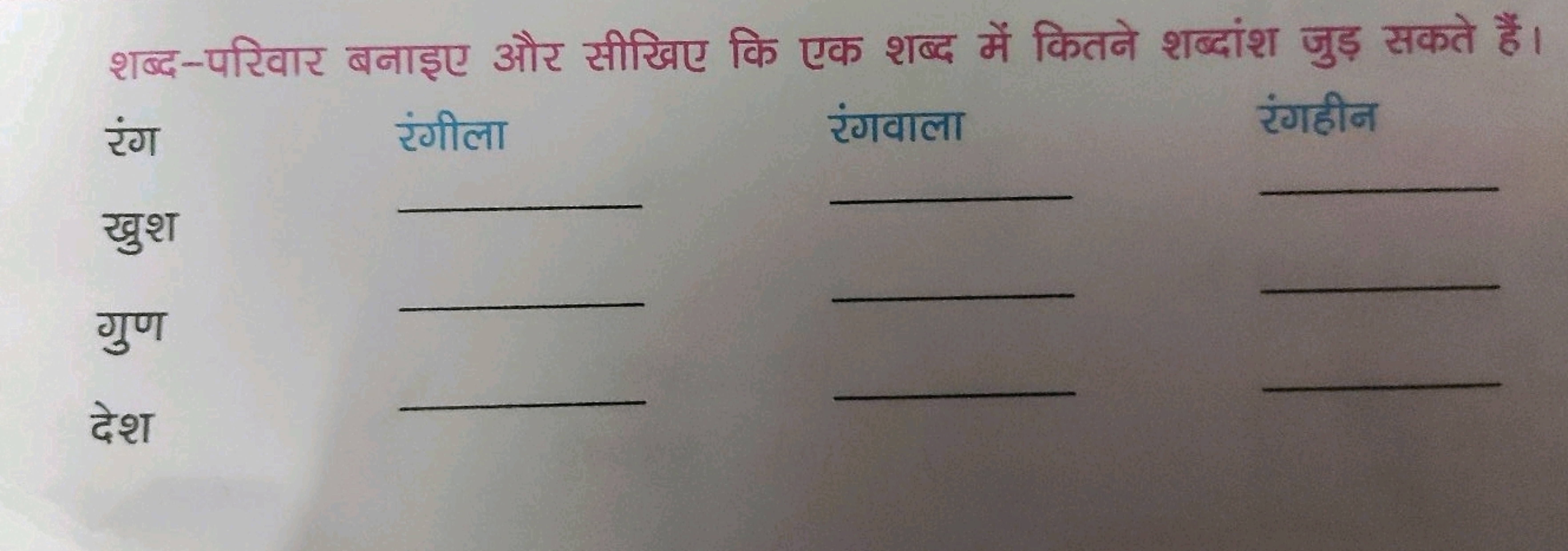 शब्द-परिवार बनाइए और सीखिए कि एक शब्द में कितने शब्दांश जुड़ सकते हैं।