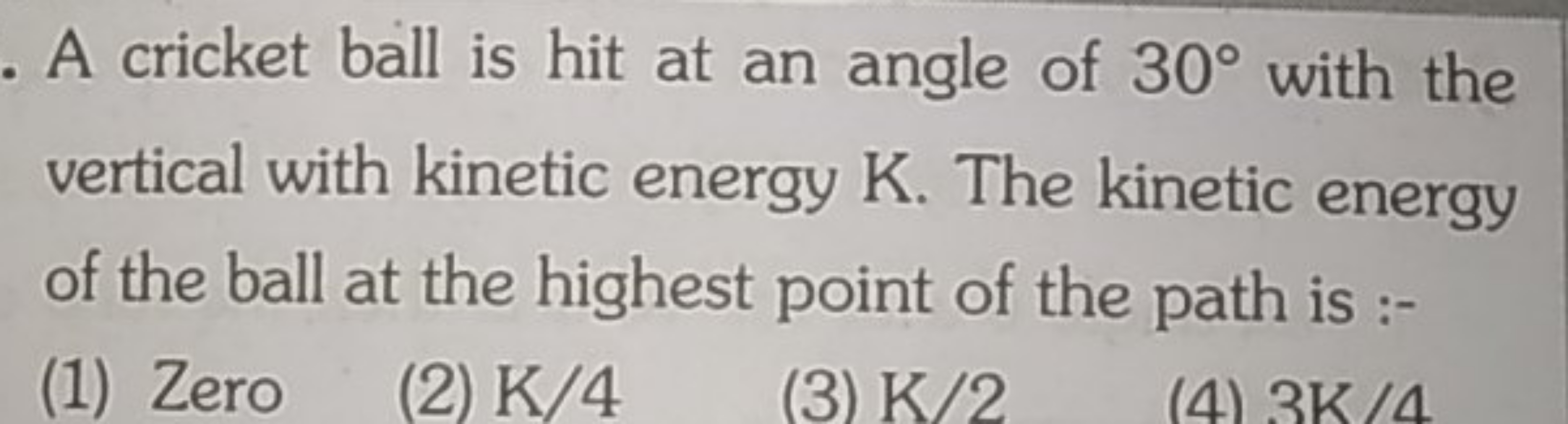 A cricket ball is hit at an angle of 30∘ with the vertical with kineti