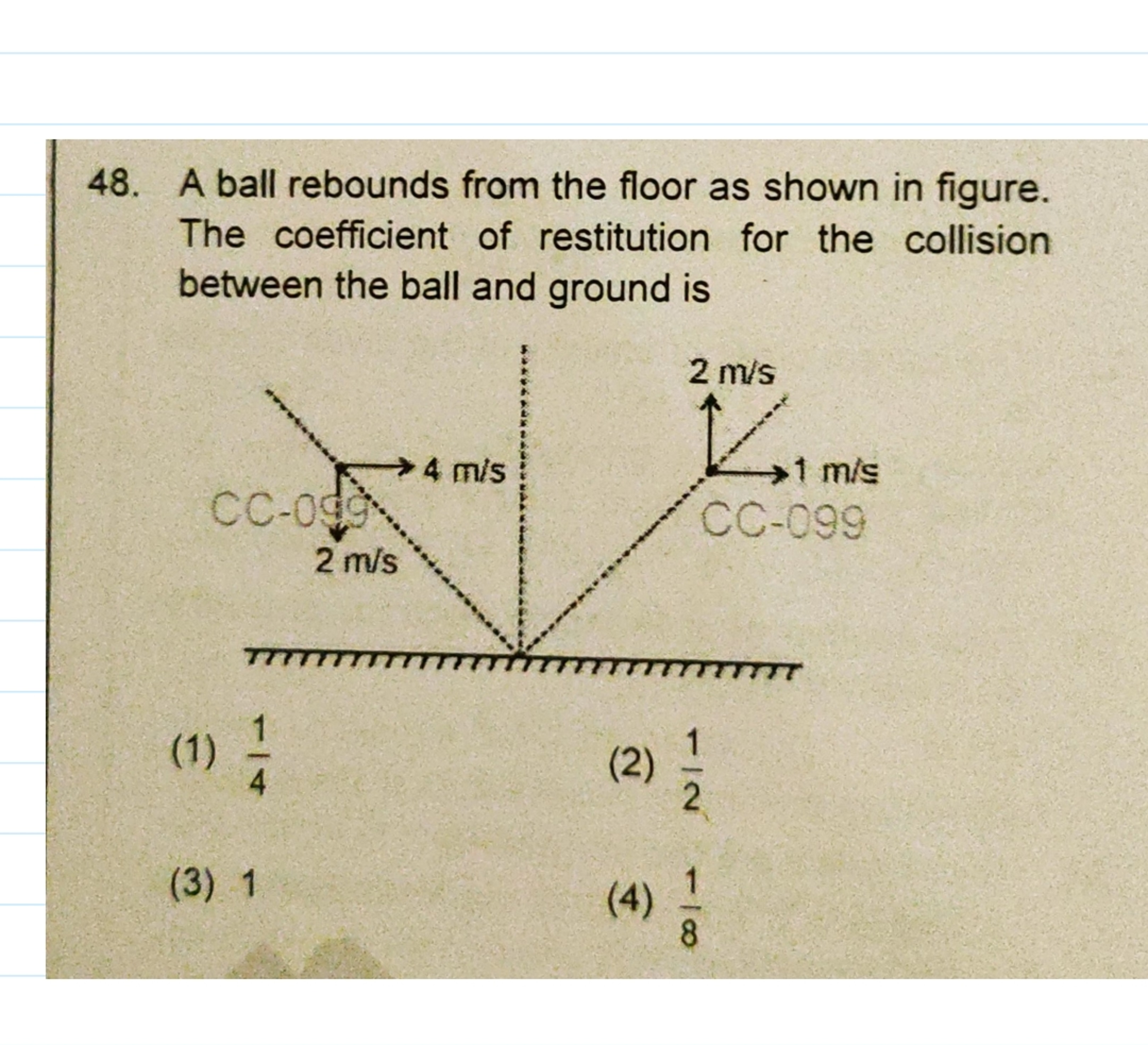 48. A ball rebounds from the floor as shown in figure. The coefficient