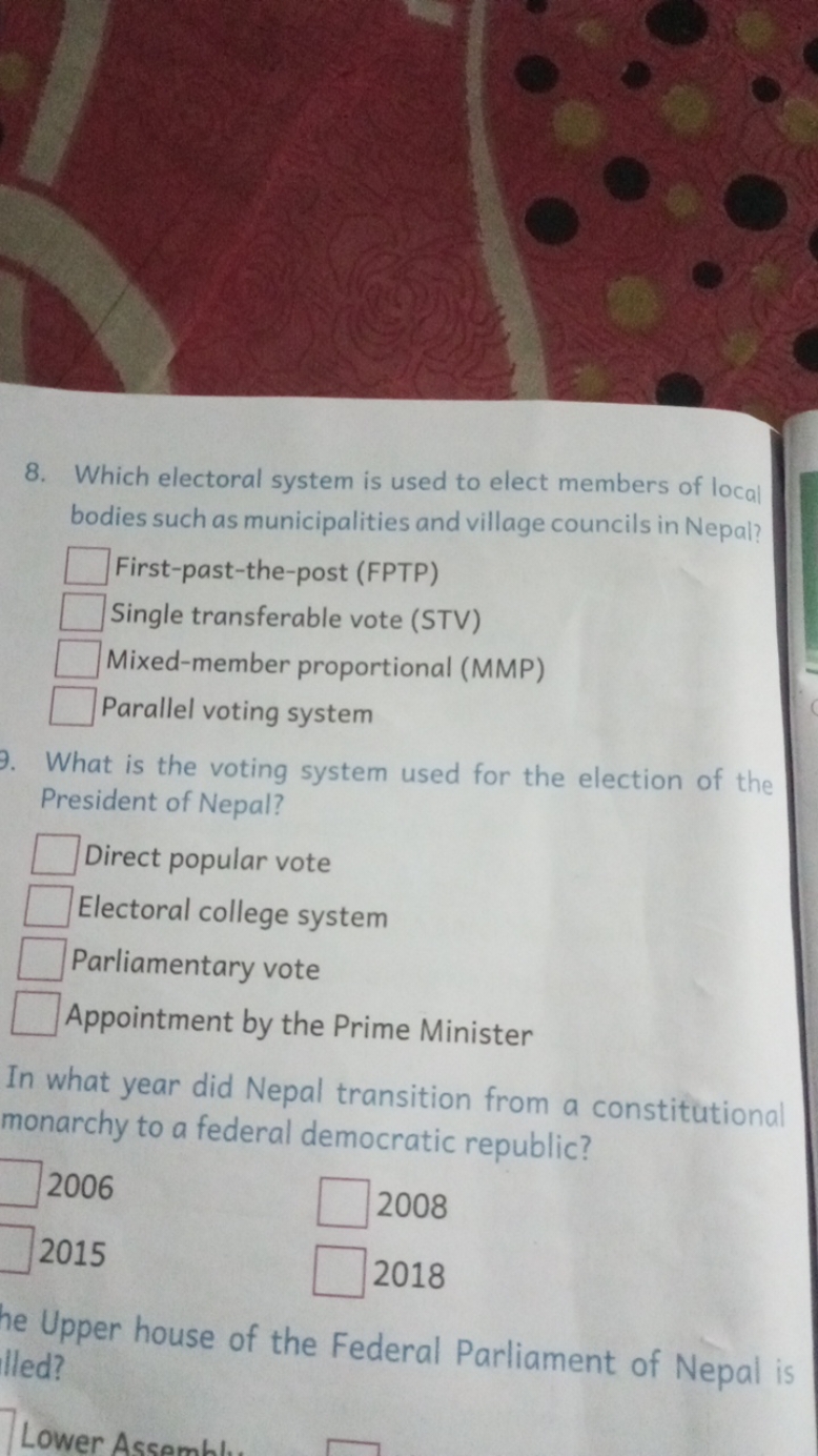 8. Which electoral system is used to elect members of local bodies suc