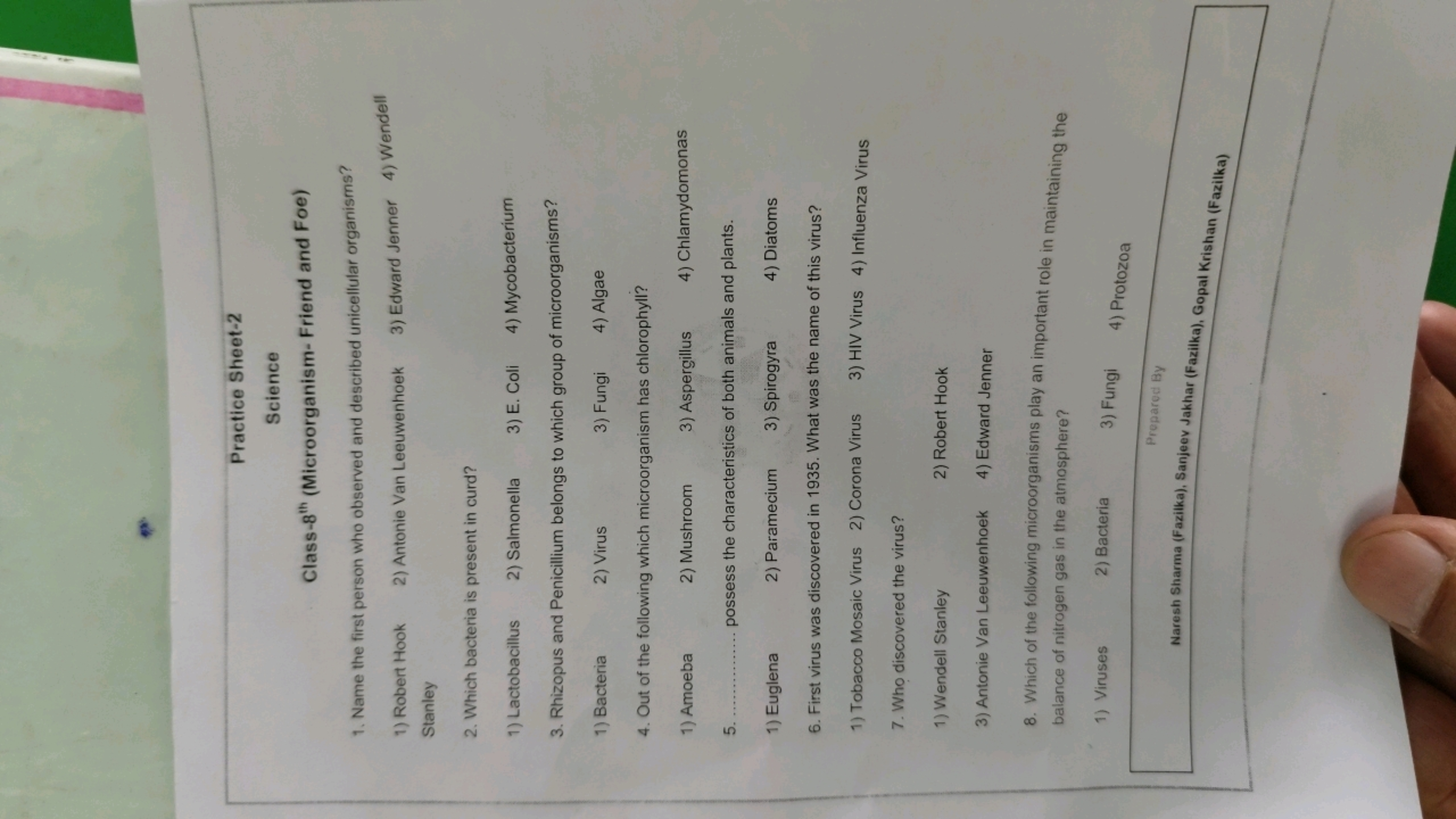 Practice Sheet-2
Science

Class-8 8th  (Microorganism- Friend and Foe)