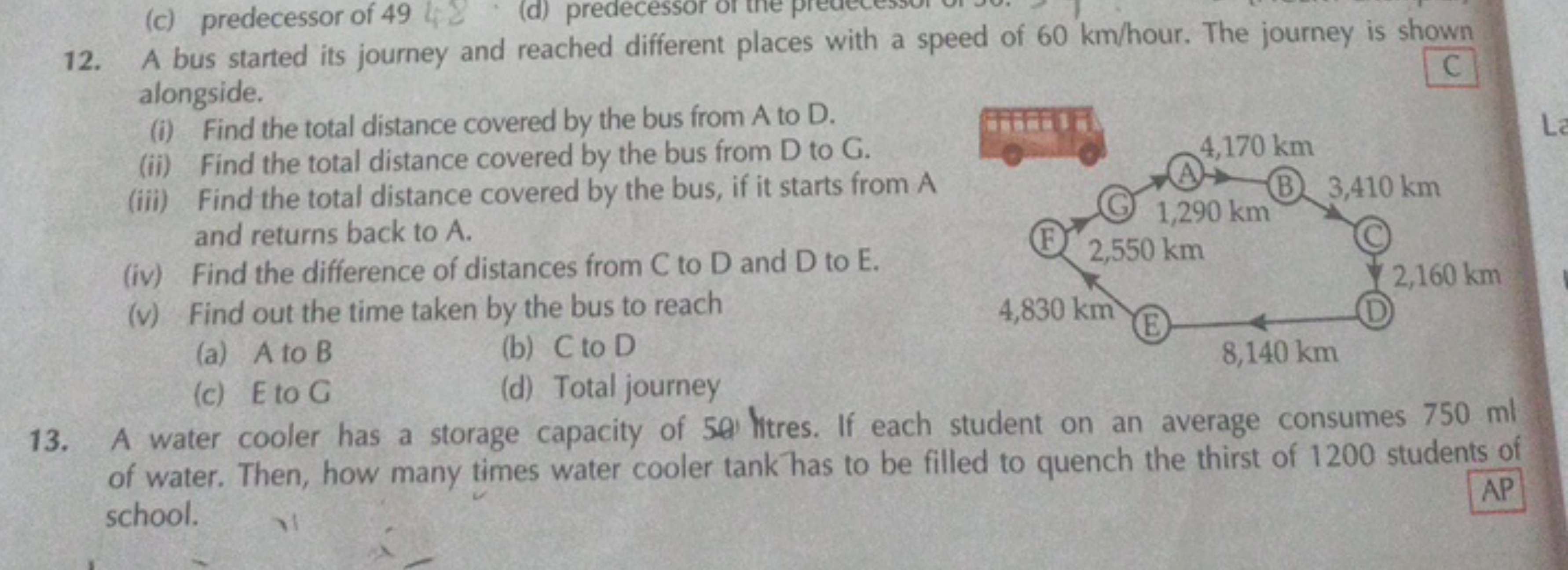 12. A bus started its journey and reached different places with a spee