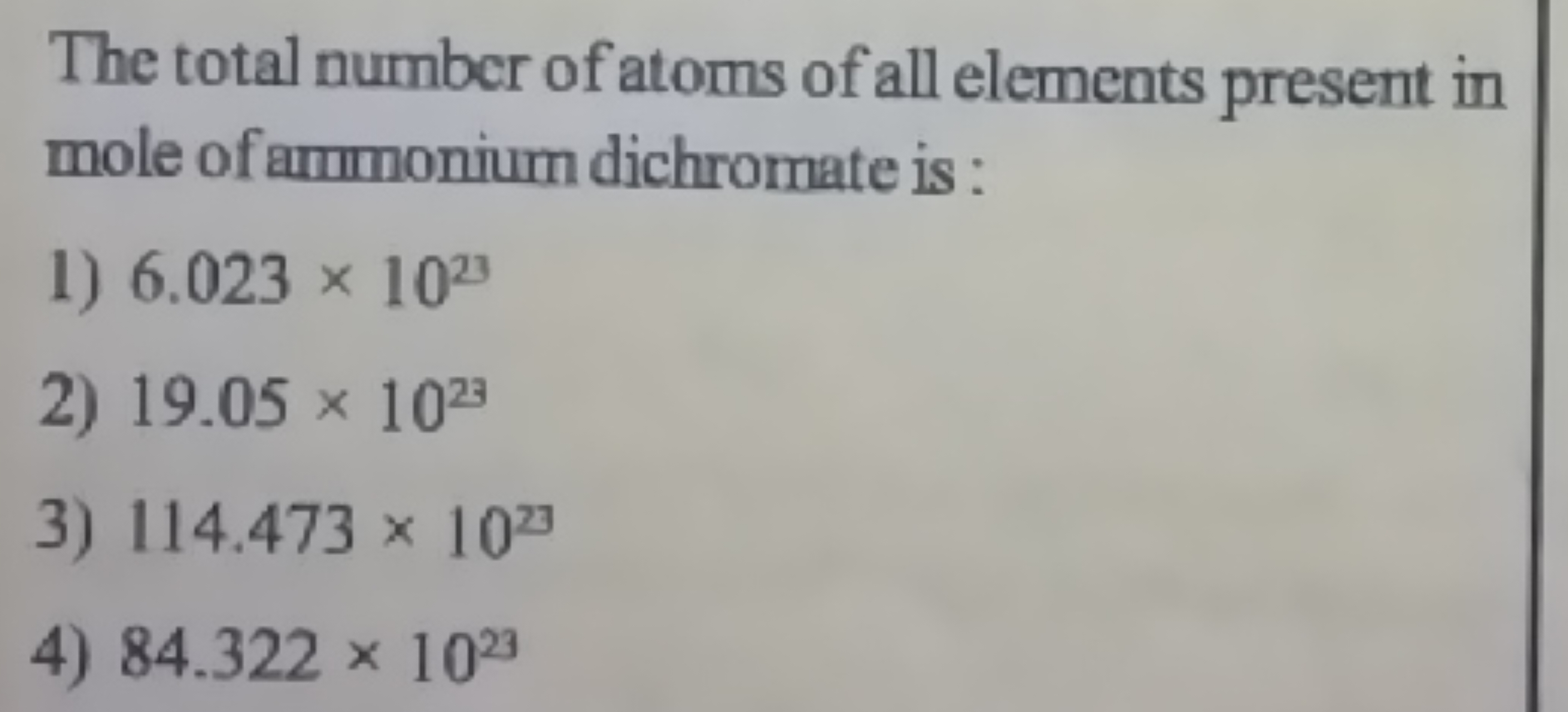 The total number of atoms of all elements present in mole of ammonium 