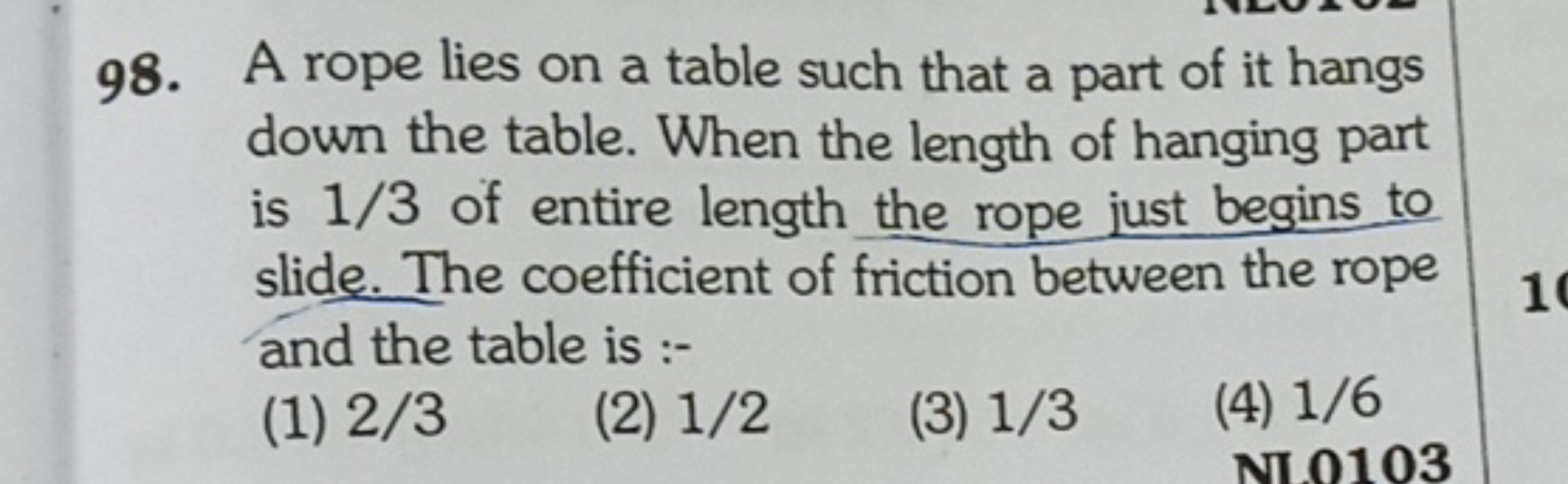 98. A rope lies on a table such that a part of it hangs down the table