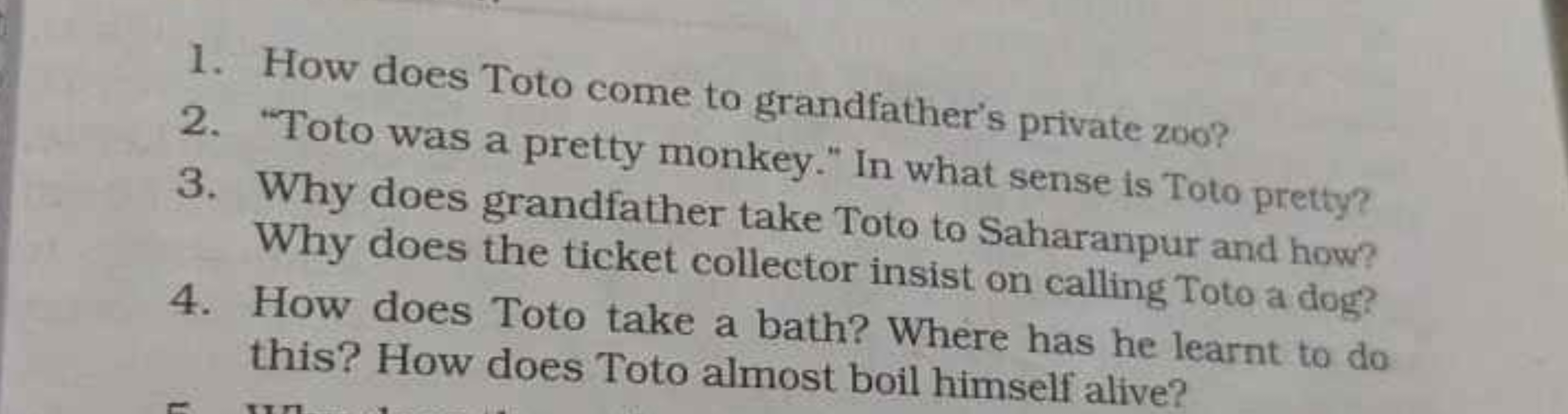 1. How does Toto come to grandfather's private zoo?
2. "Toto was a pre