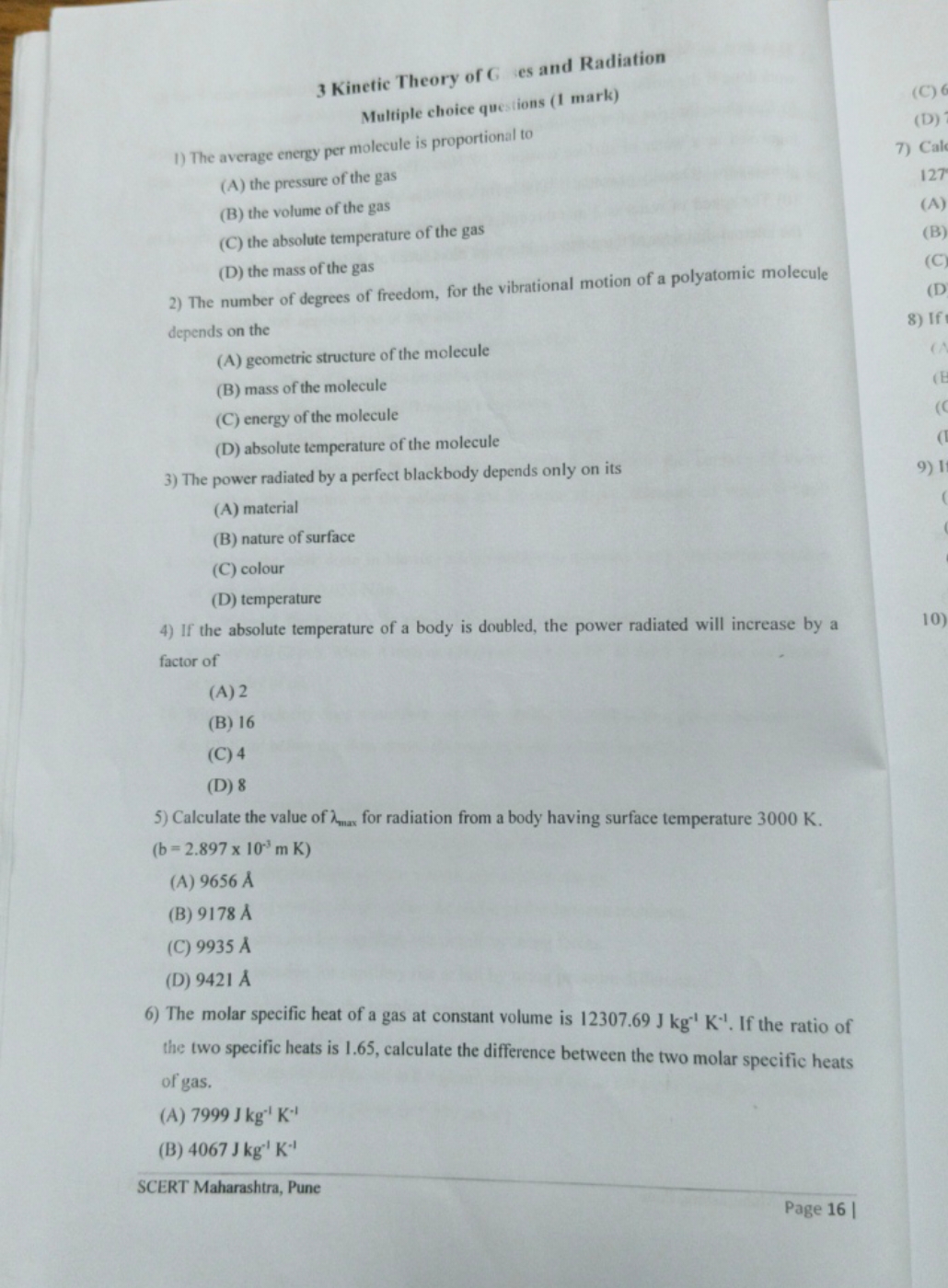 3 Kinetic Theory of G es and Radiation
Multiple choice questions ( 1 m