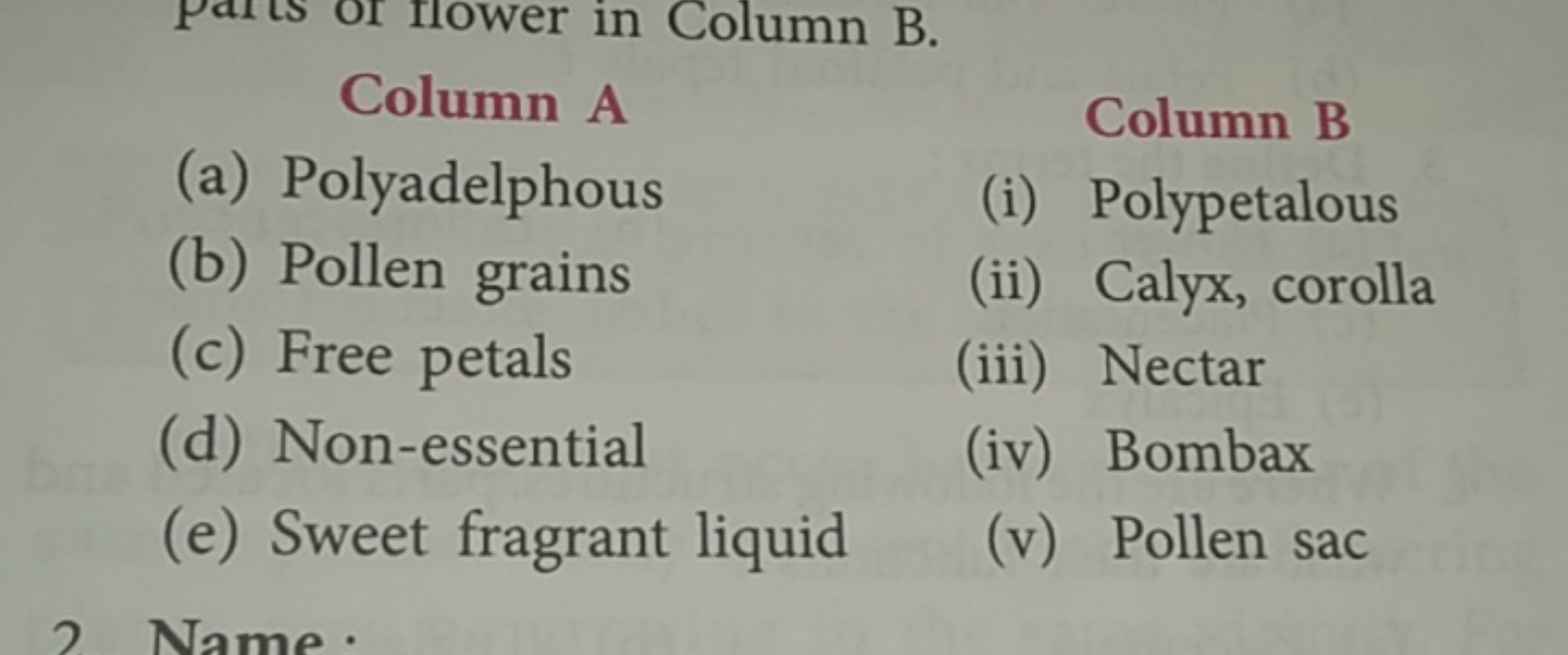 Hower in Column B.
Column A (a) Polyadelphous
(b) Pollen grains (c) Fr