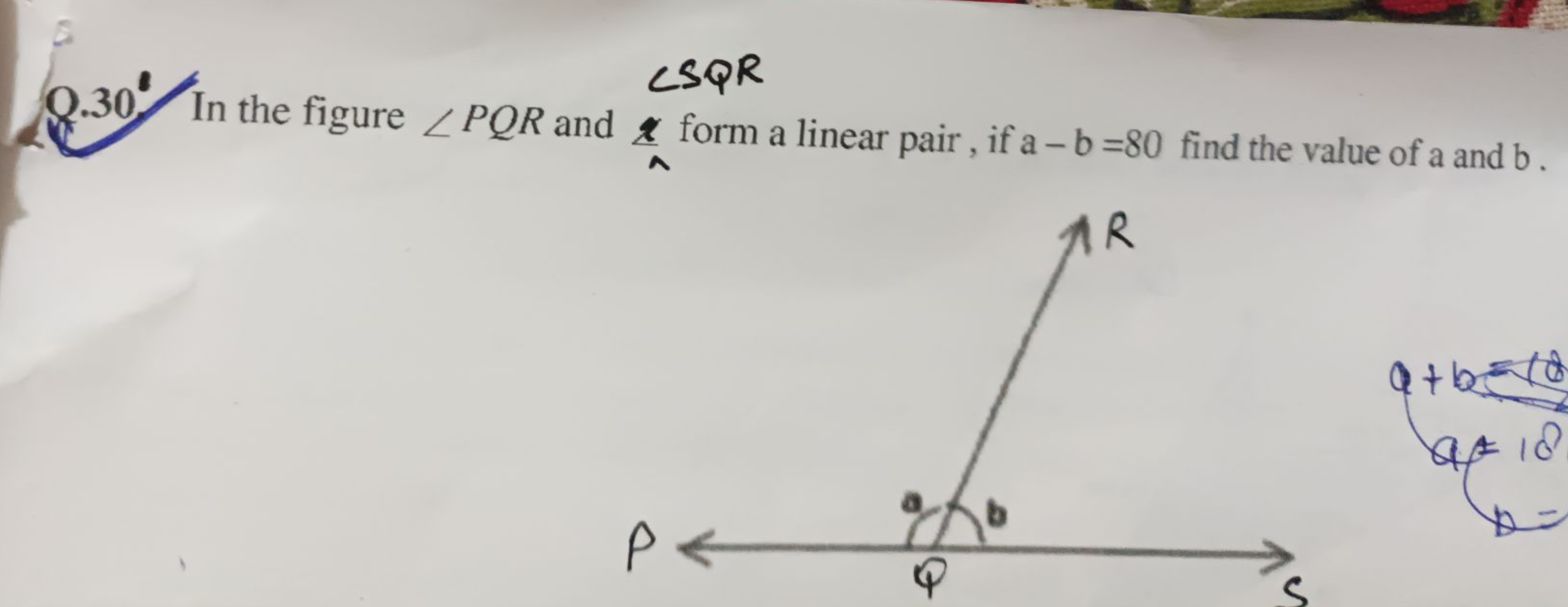 CSQR
.30 In the figure PQR and form a linear pair, if a-b=80 find the 