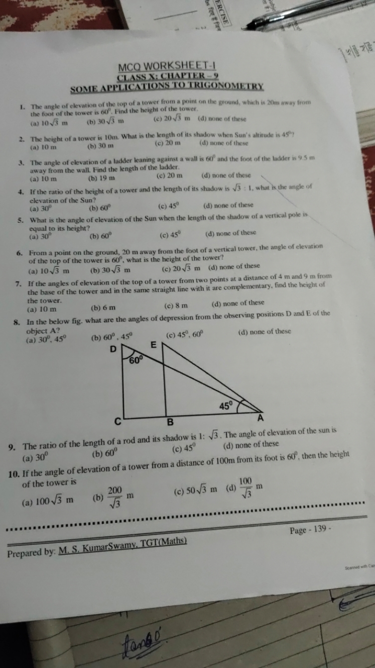 MCQ WORKSHEET-I
CLASS X: CHAPTER - 9
SOME APPLICATIONSTOTRIGONOMETRY
1