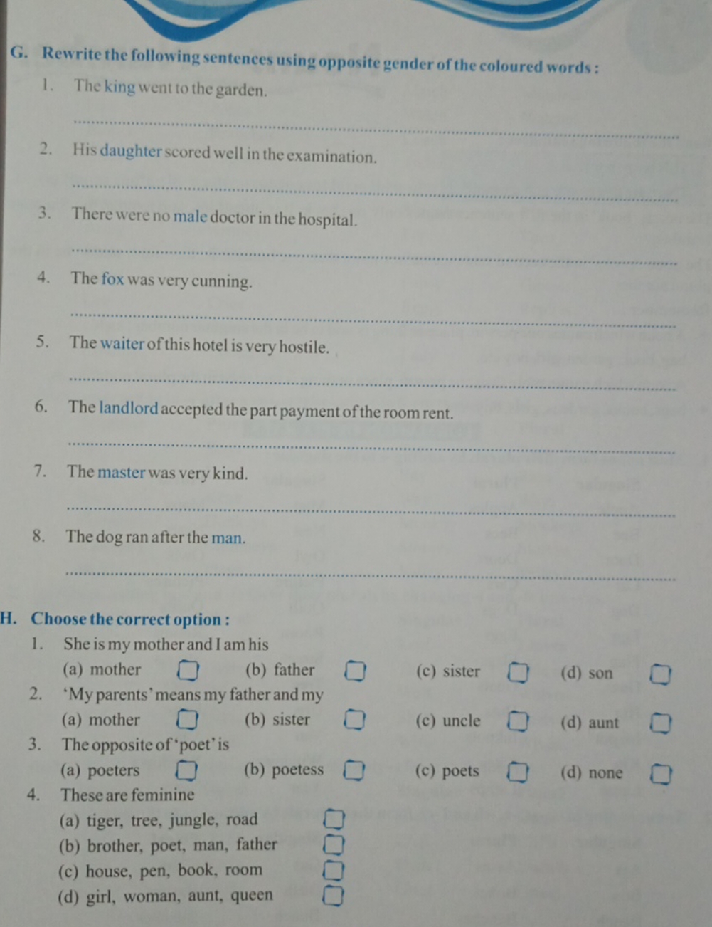 G. Rewrite the following sentences using opposite gender of the colour