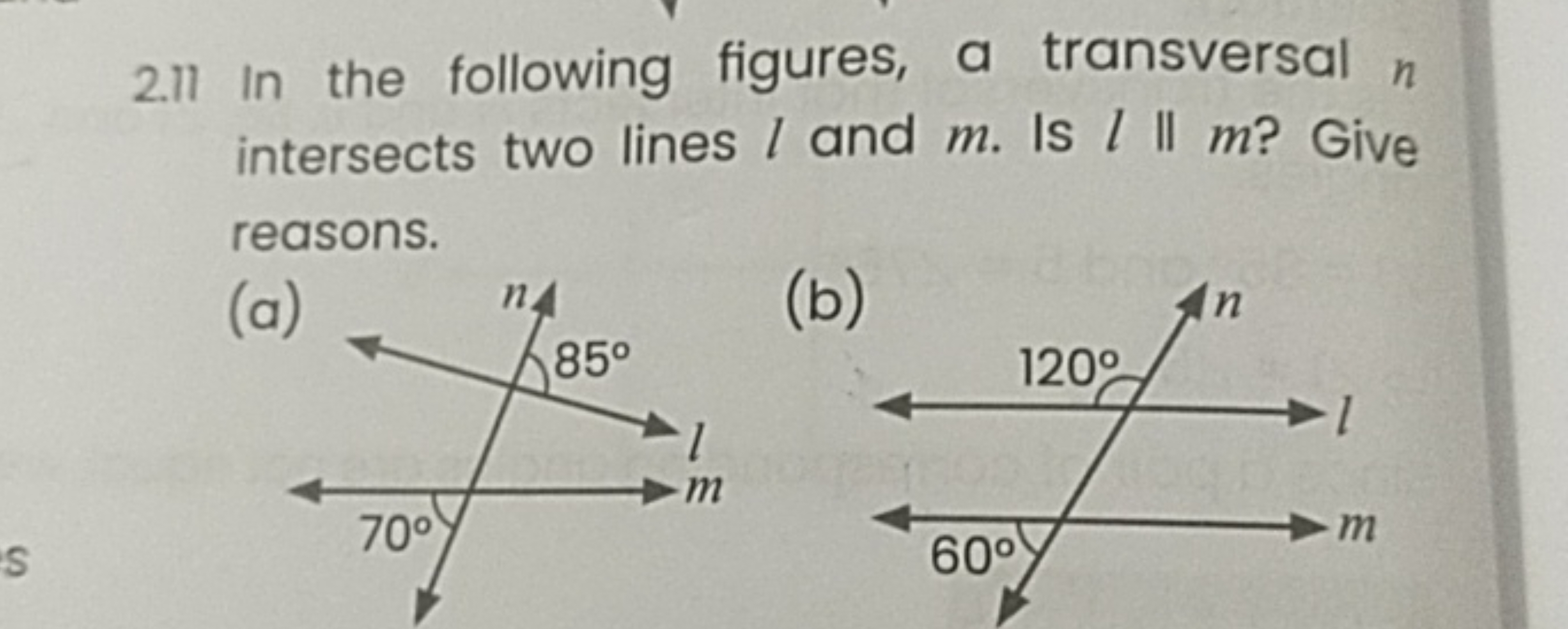 2.17 In the following figures, a transversal n intersects two lines l 