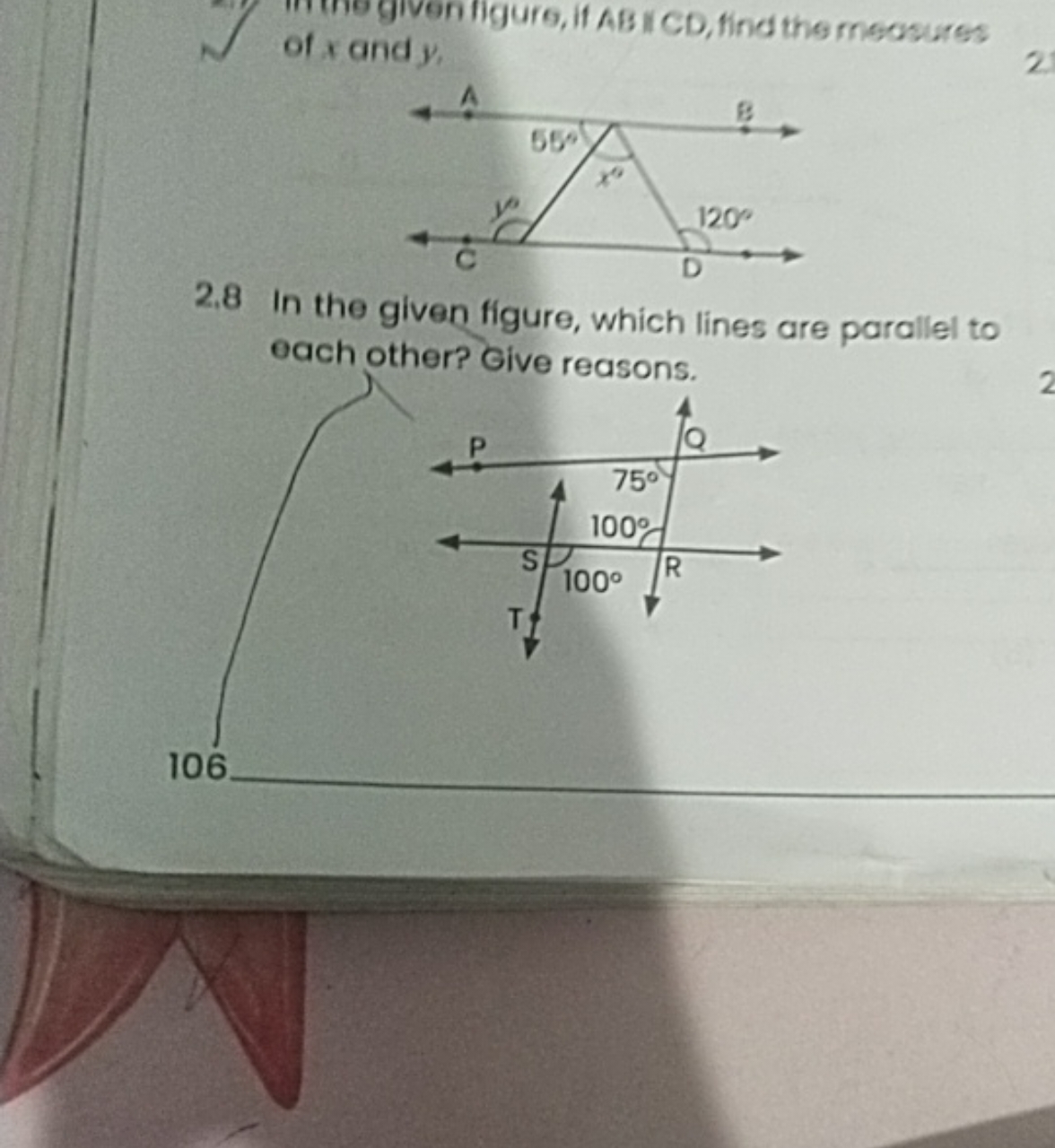 of x and y.
givenilgure, if AB IICD, find the meosures
2.8 In the give