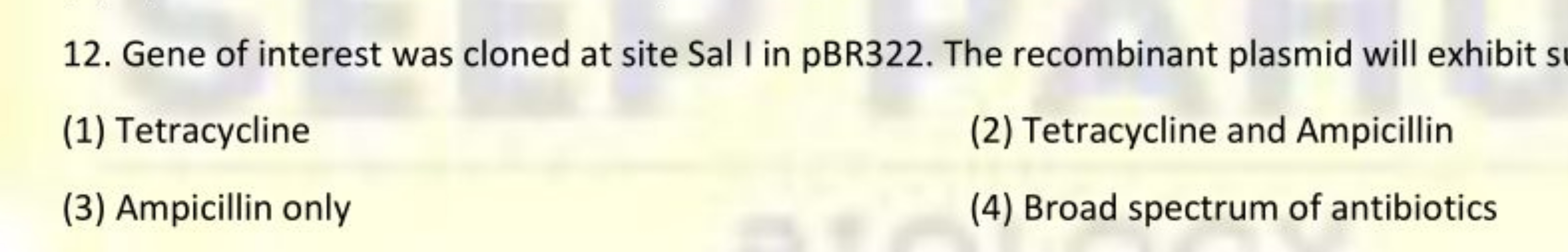 12. Gene of interest was cloned at site Sal I in pBR322. The recombina