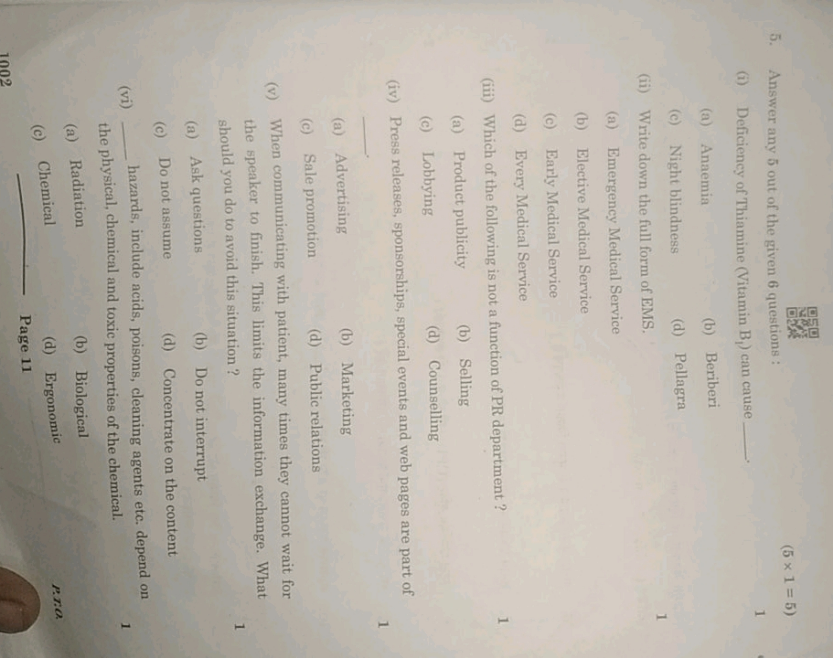 5. Answer any 5 out of the given 6 questions :
(5×1=5)
(i) Deficiency 