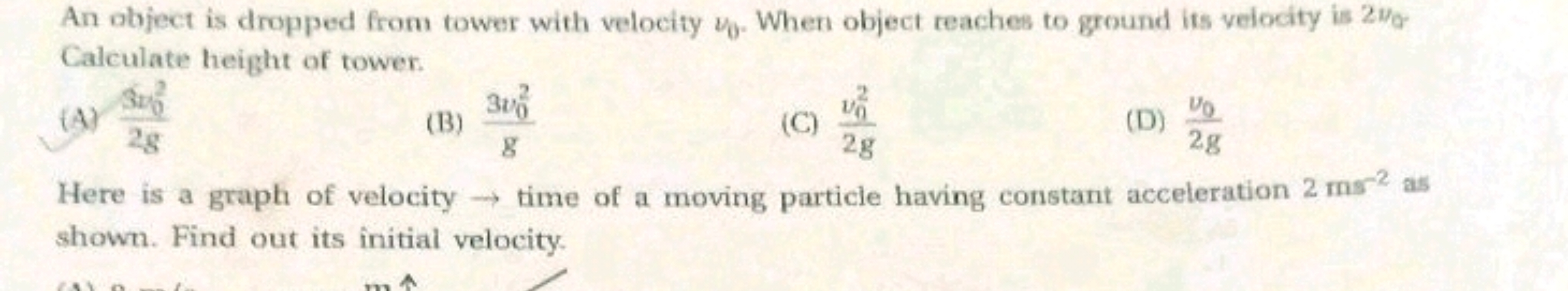 An object is dropped from tower with velocity v0​. When object reaches