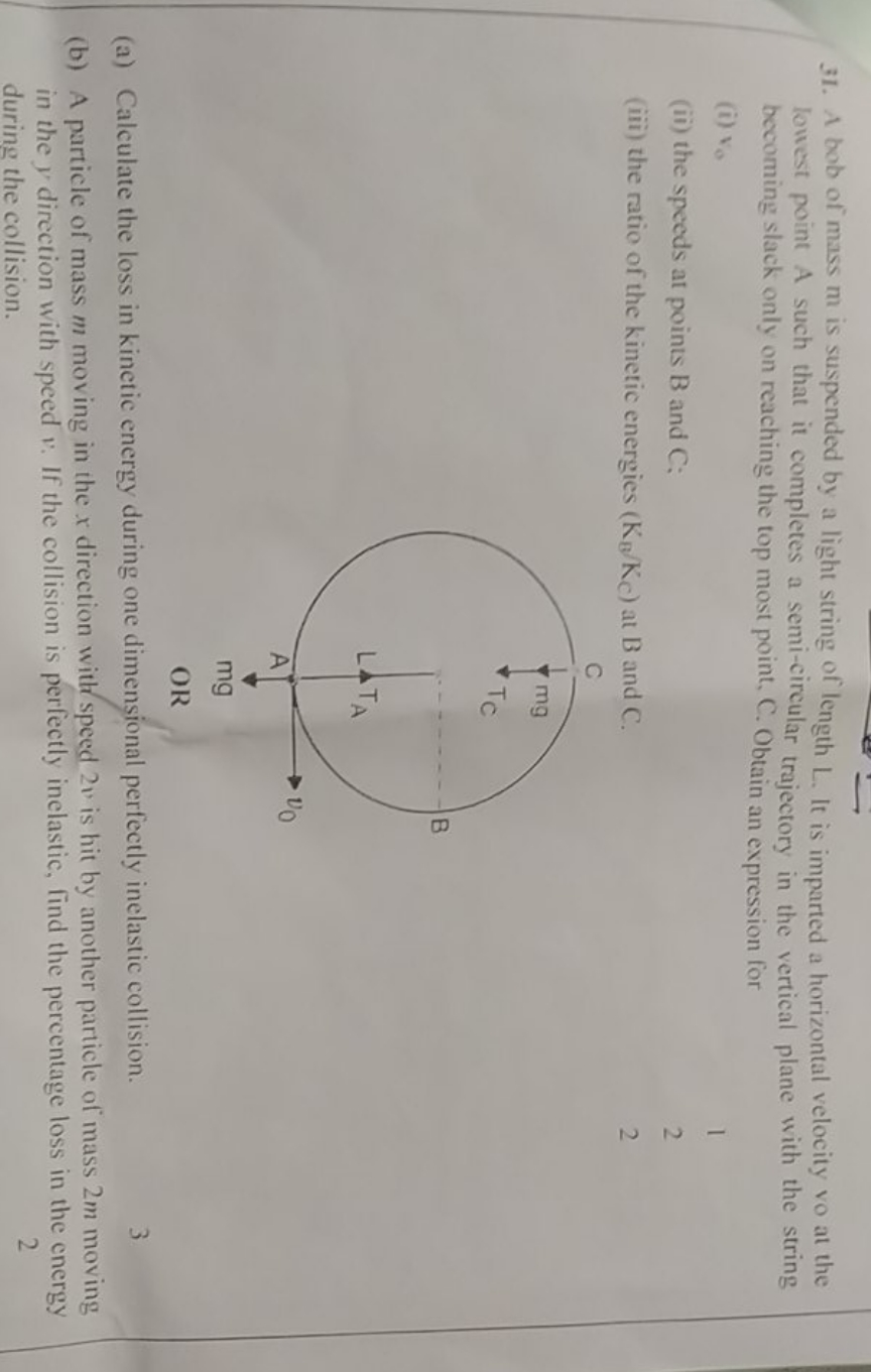 31. A bob of mass m is suspended by a light string of length L. It is 