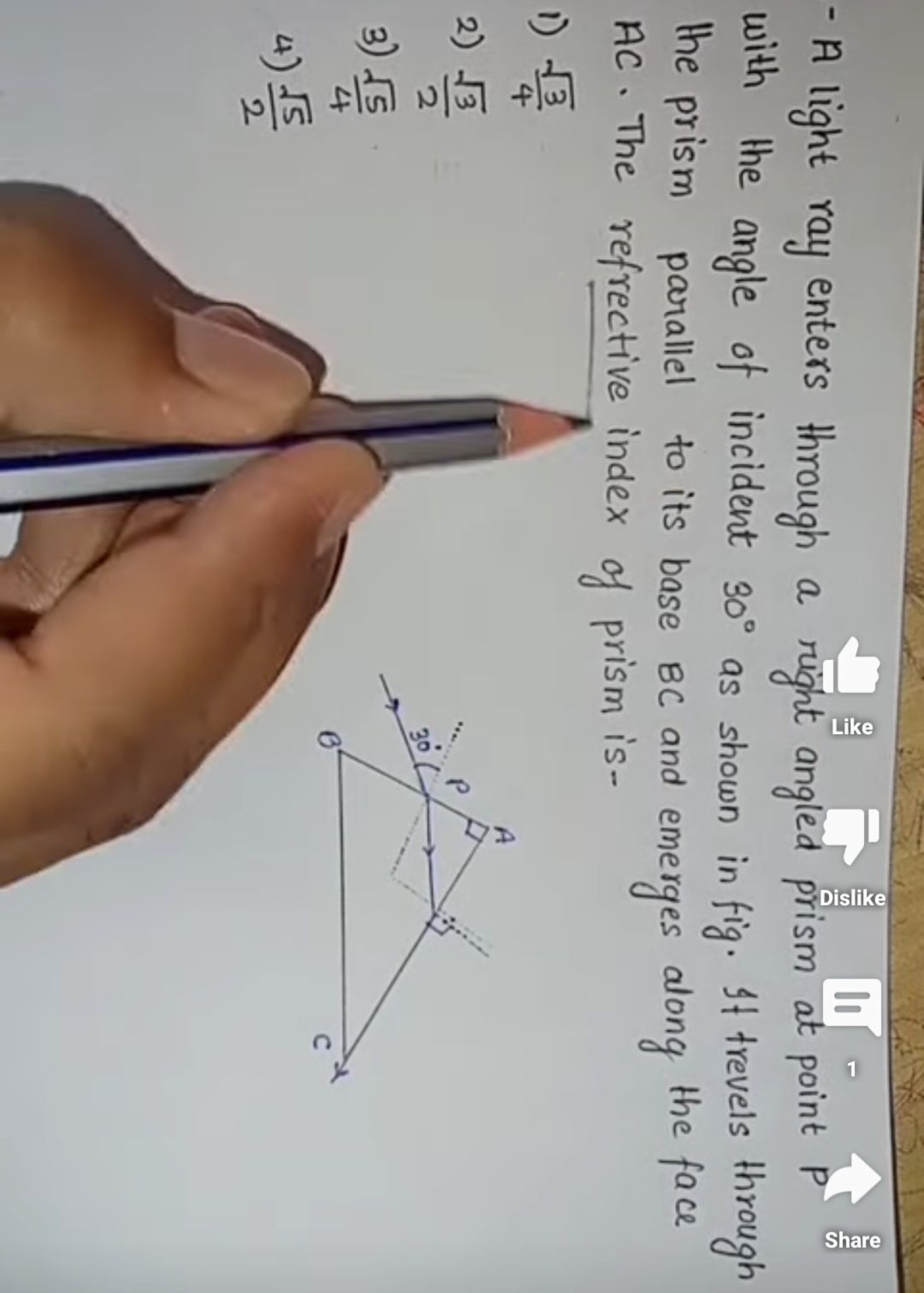 - A light ray enters through a right angled prism at point P
\%
with t