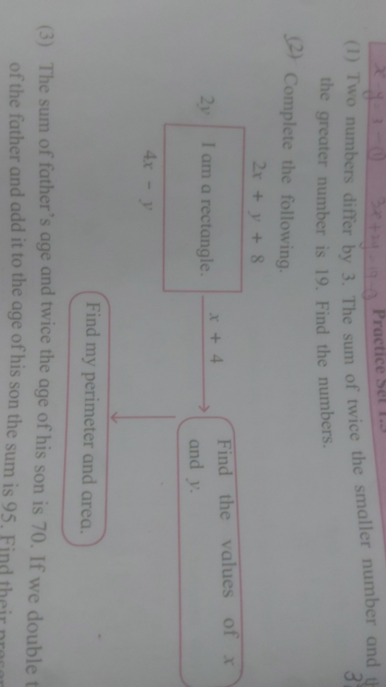 (1) Two numbers differ by 3 . The sum of twice the smaller number and
