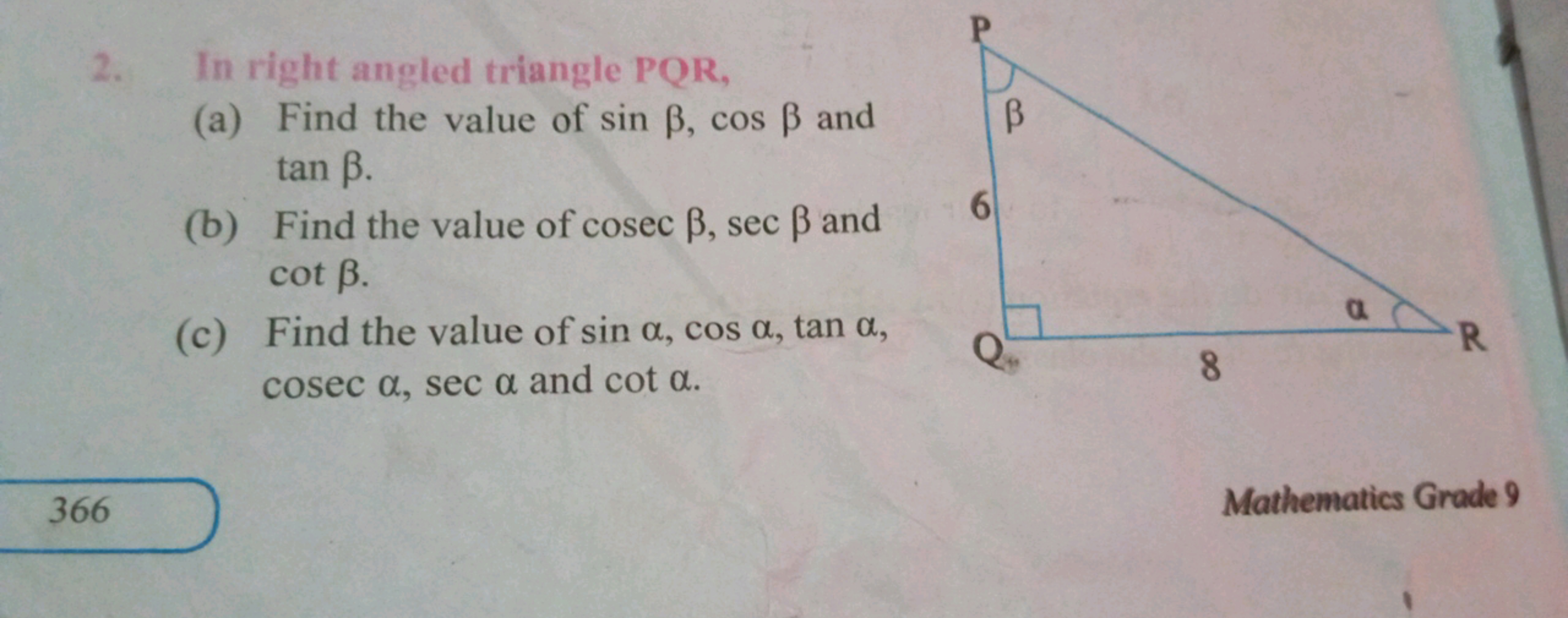 2. In right angled triangle PQR ,
(a) Find the value of sinβ,cosβ and 