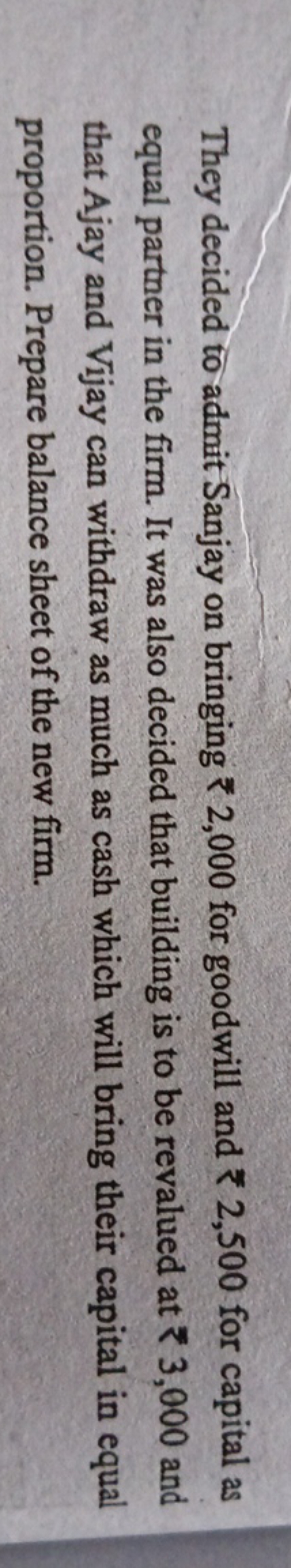 They decided to admit Sanjay on bringing ₹2,000 for goodwill and ₹2,50