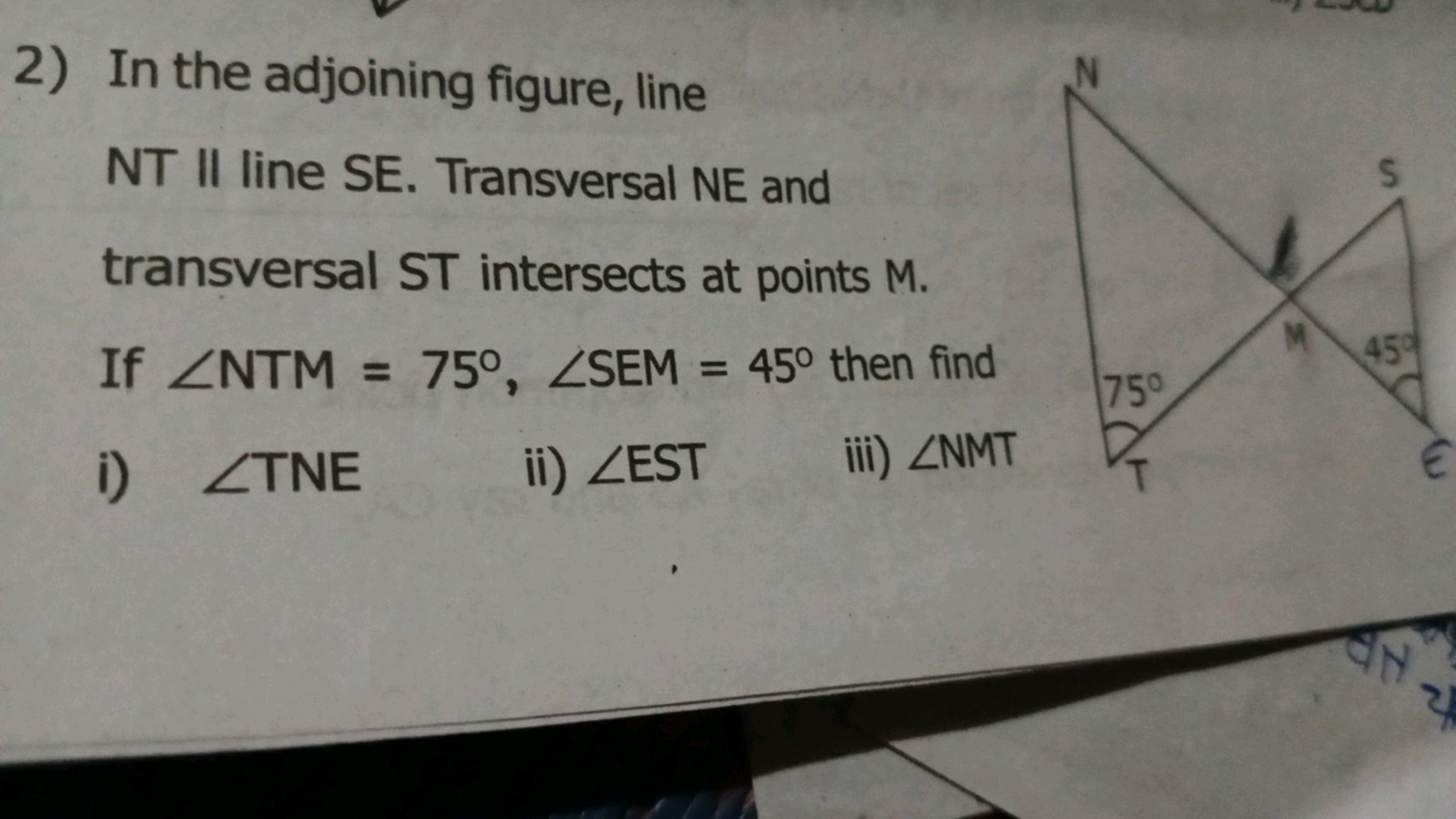 2) In the adjoining figure, line NT Il line SE. Transversal NE and tra