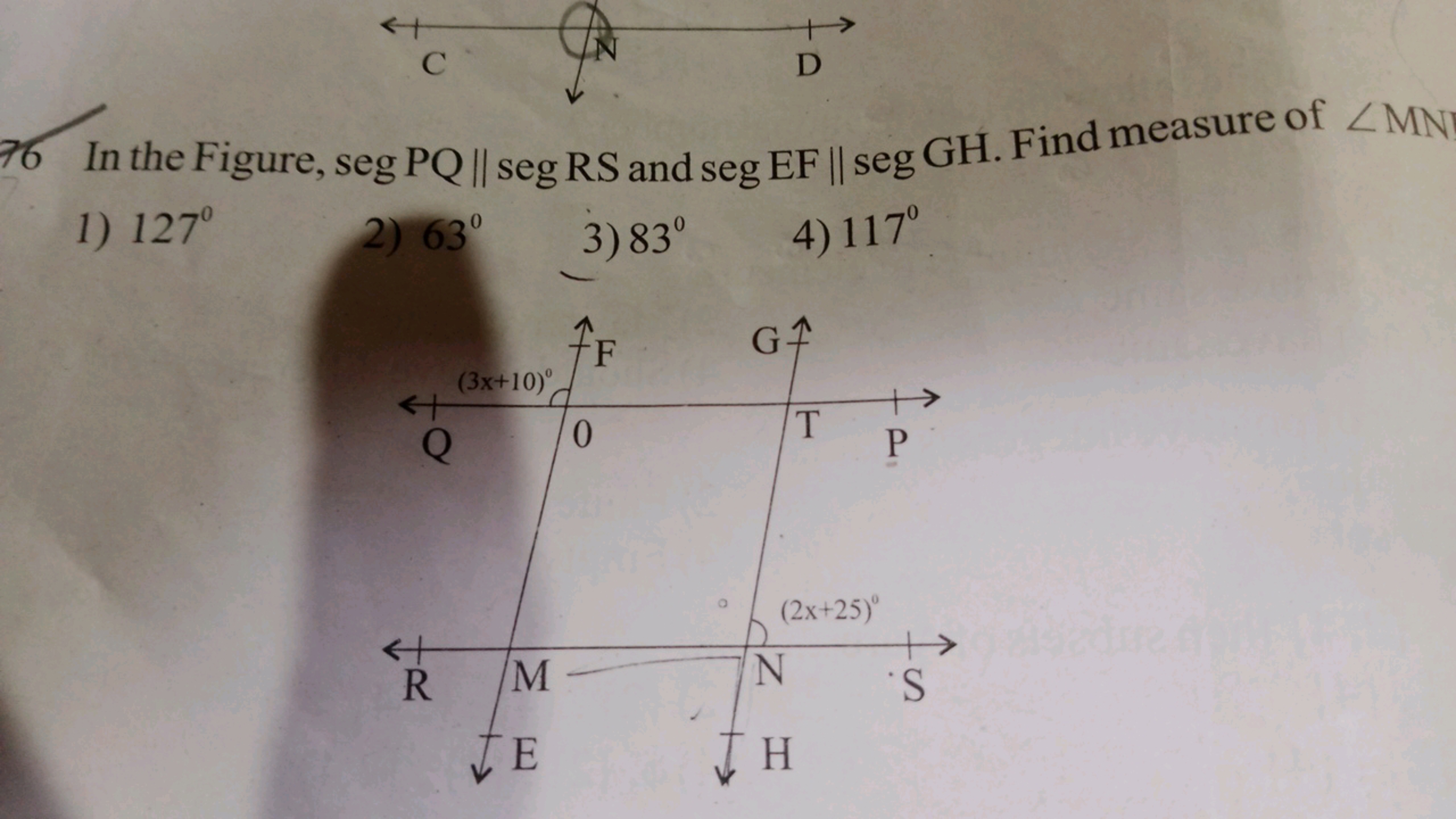 76 In the Figure, segPQ∥segRS and segEF∥segGH. Find measure of ∠MN
1) 