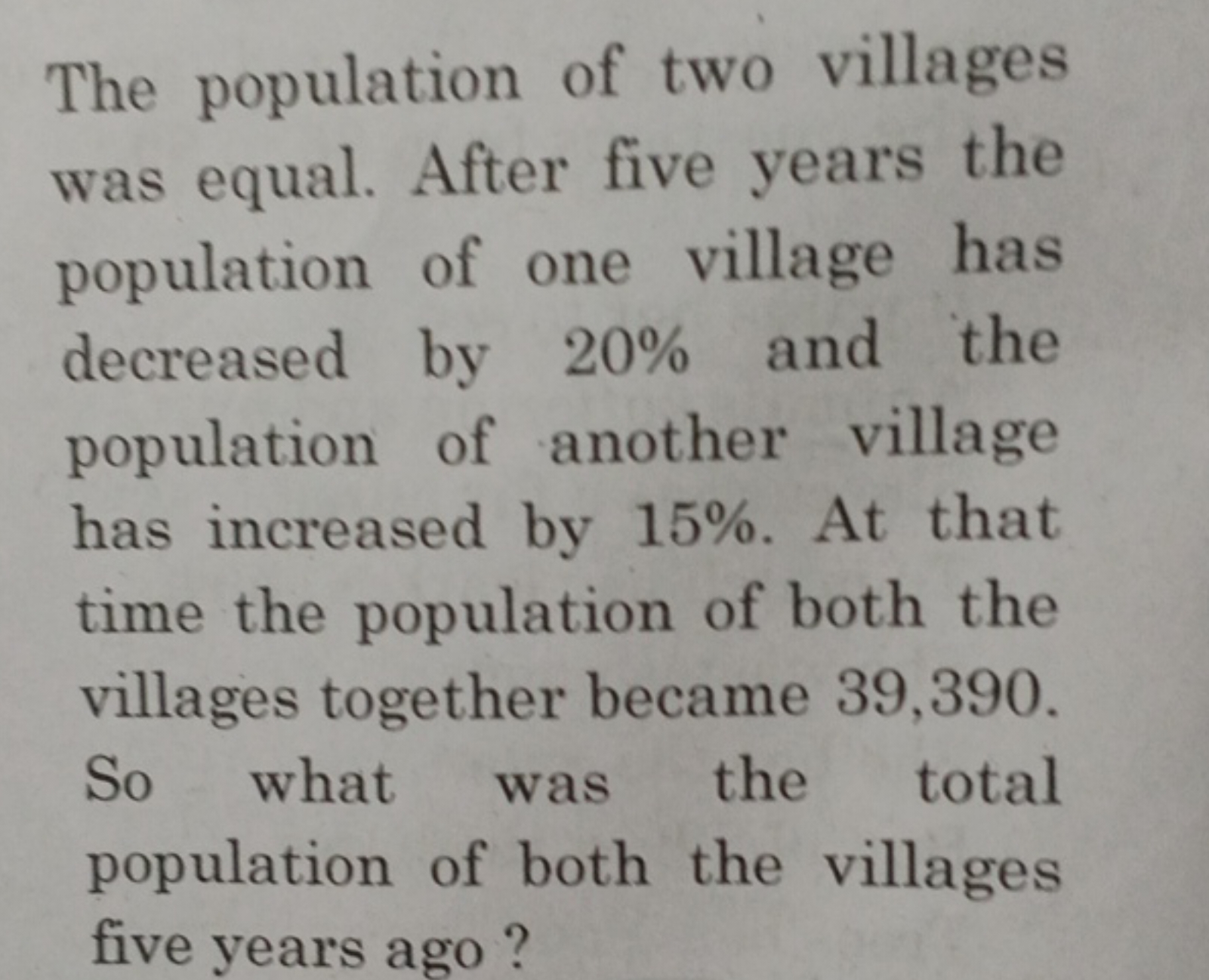 The population of two villages was equal. After five years the populat