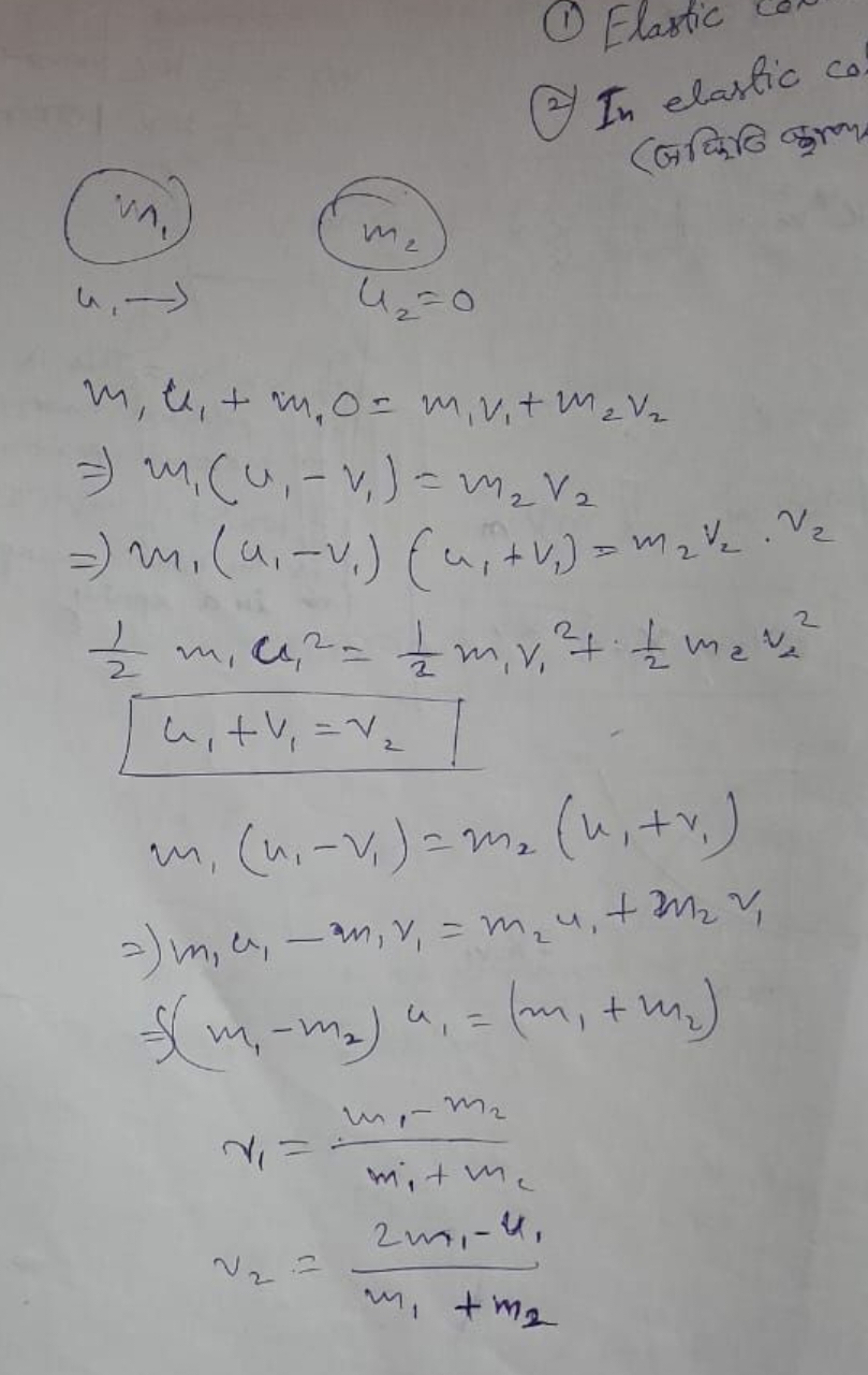 (1) Elastic con
(2) In elartic co (जज्ञिति क्रा
m1​m1​u1​+m1​0=m1​v1​+