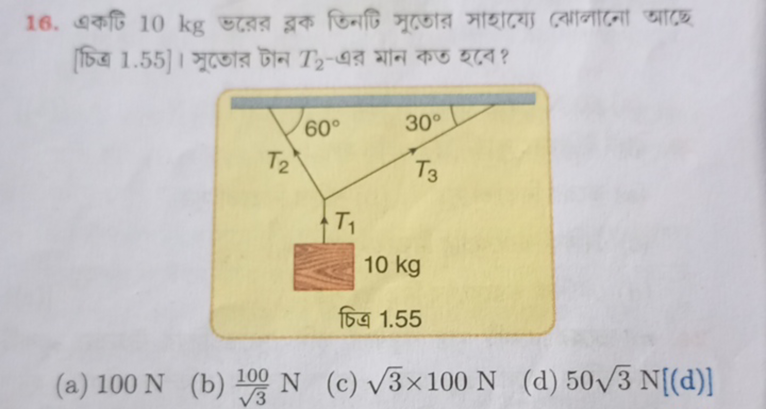  [চিত্র 1.55] । সूতোর টাन T2​-এর মাन कण रढব ?
(a) 100 N
(b) 3​100​ N
(