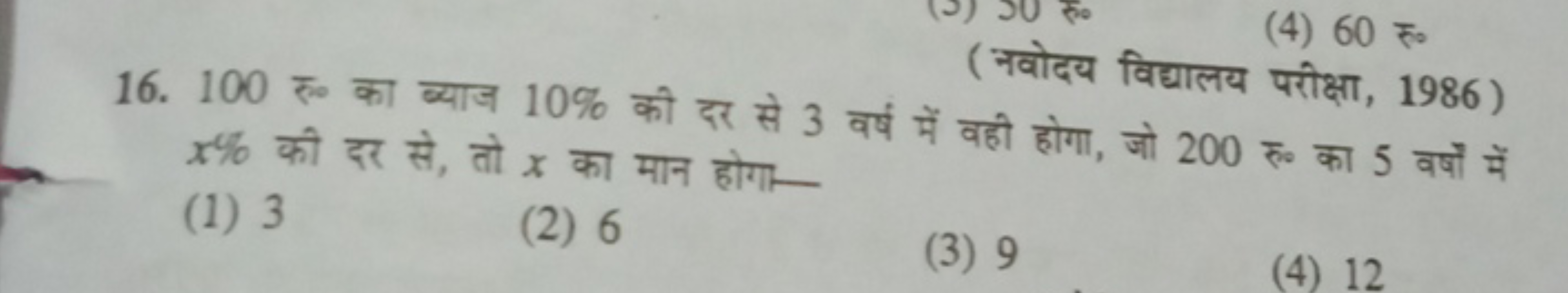 (नवोदय विद्यालय परीक्षा, 1986)
16. 100 रु० का ब्याज 10% की दर से 3 वर्