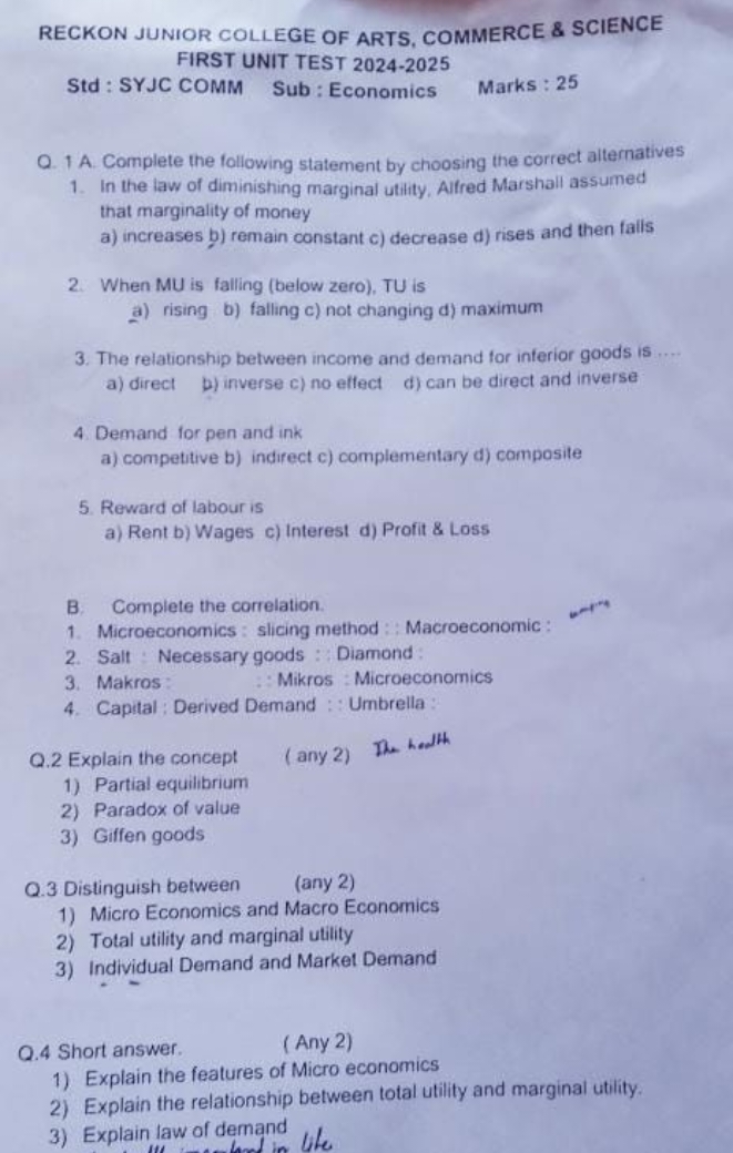 RECKON JUNIOR COLLEGE OF ARTS, COMMERCE \& SCIENCE FIRST UNIT TEST 202