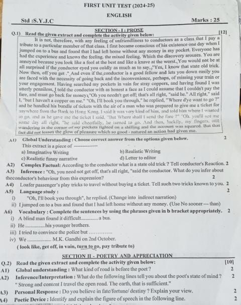 FIRST UNIT TEST (2024-25)
ENGLISH

Std:S.Y.J.C
Marks : 25
SRCTION - I: