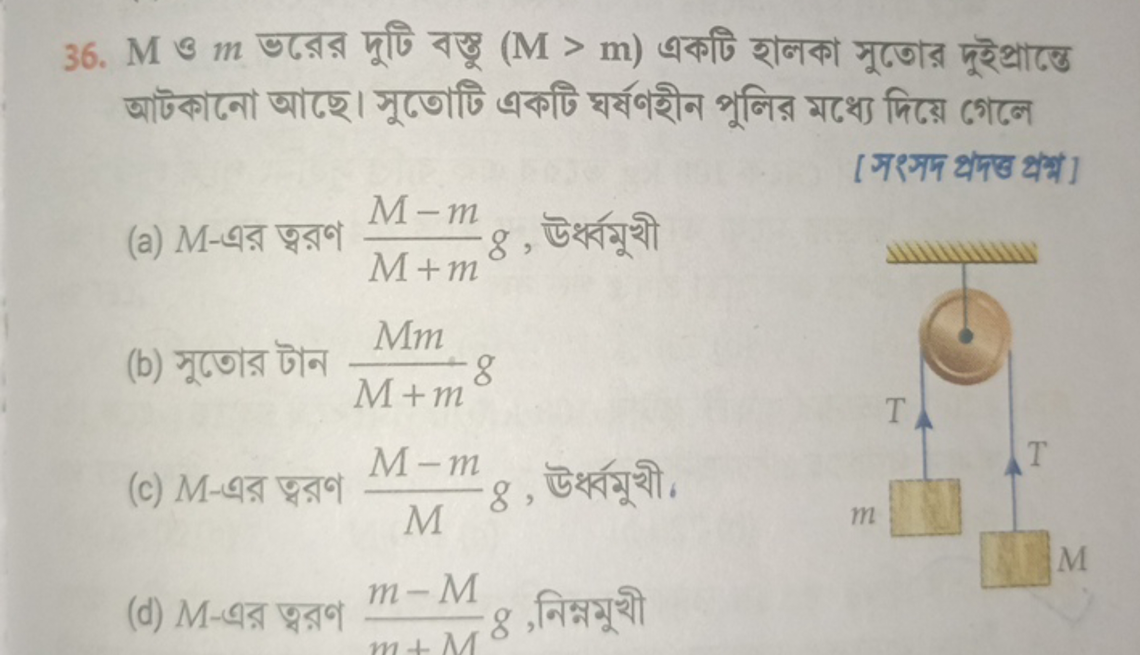 36. M ও m ভরের দুটি বস্তু (M>m) একটি হালকা সুতোর দুইभ্রান্তে আটকানো আছ