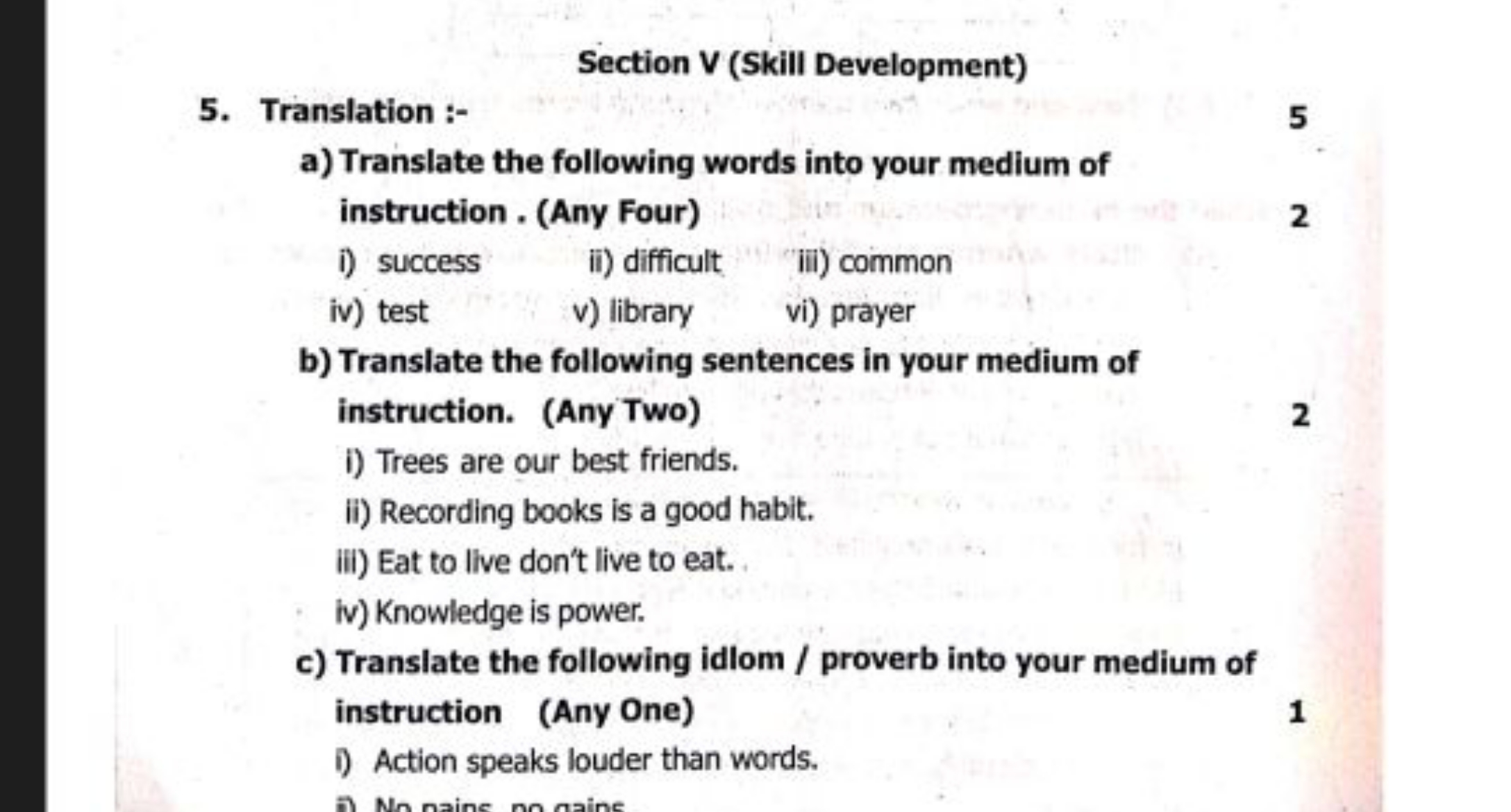 Section V (Skill Development)
5. Translation :-
5
a) Translate the fol