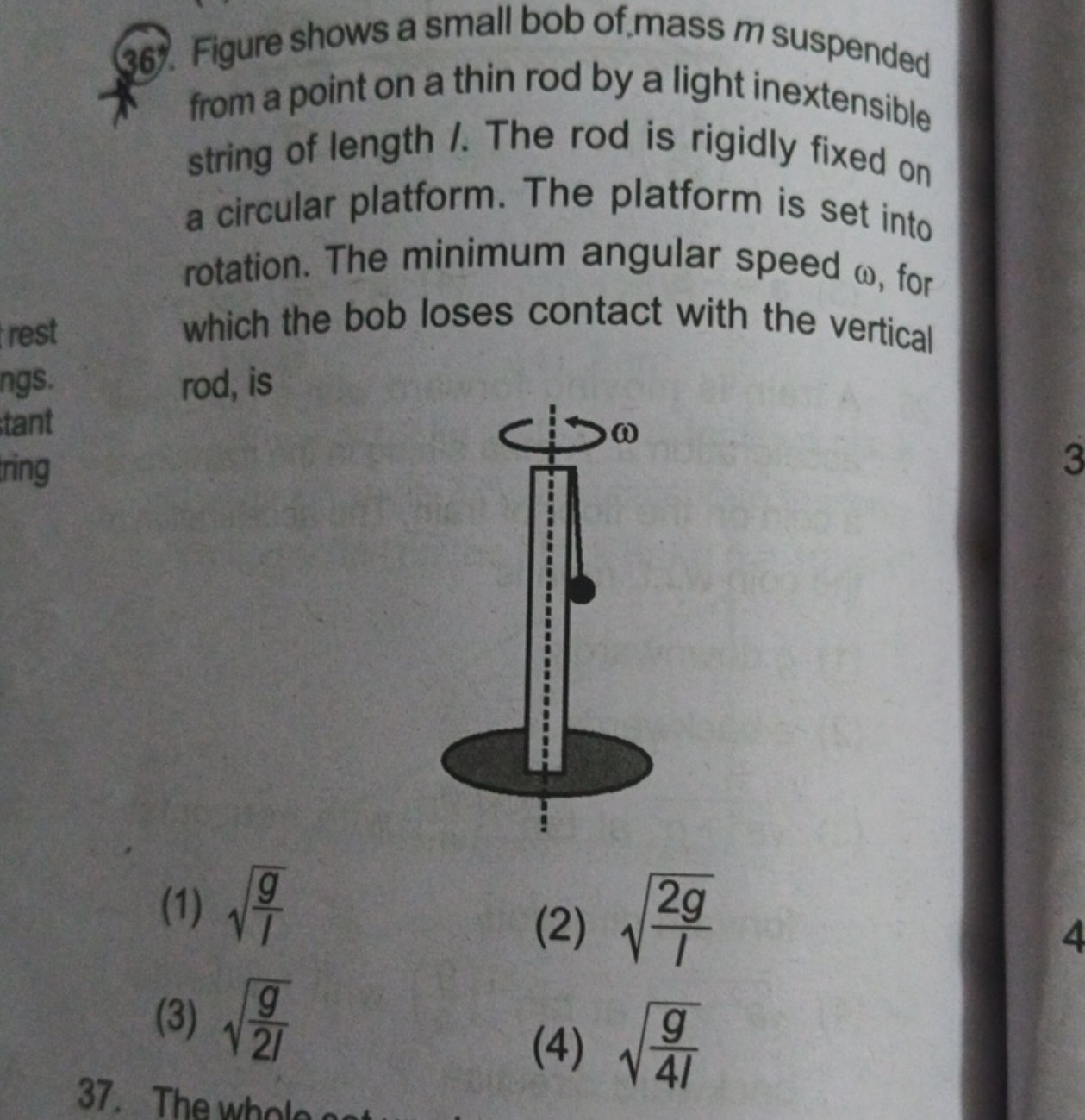 36. Figure shows a small bob of.mass m suspended from a point on a thi