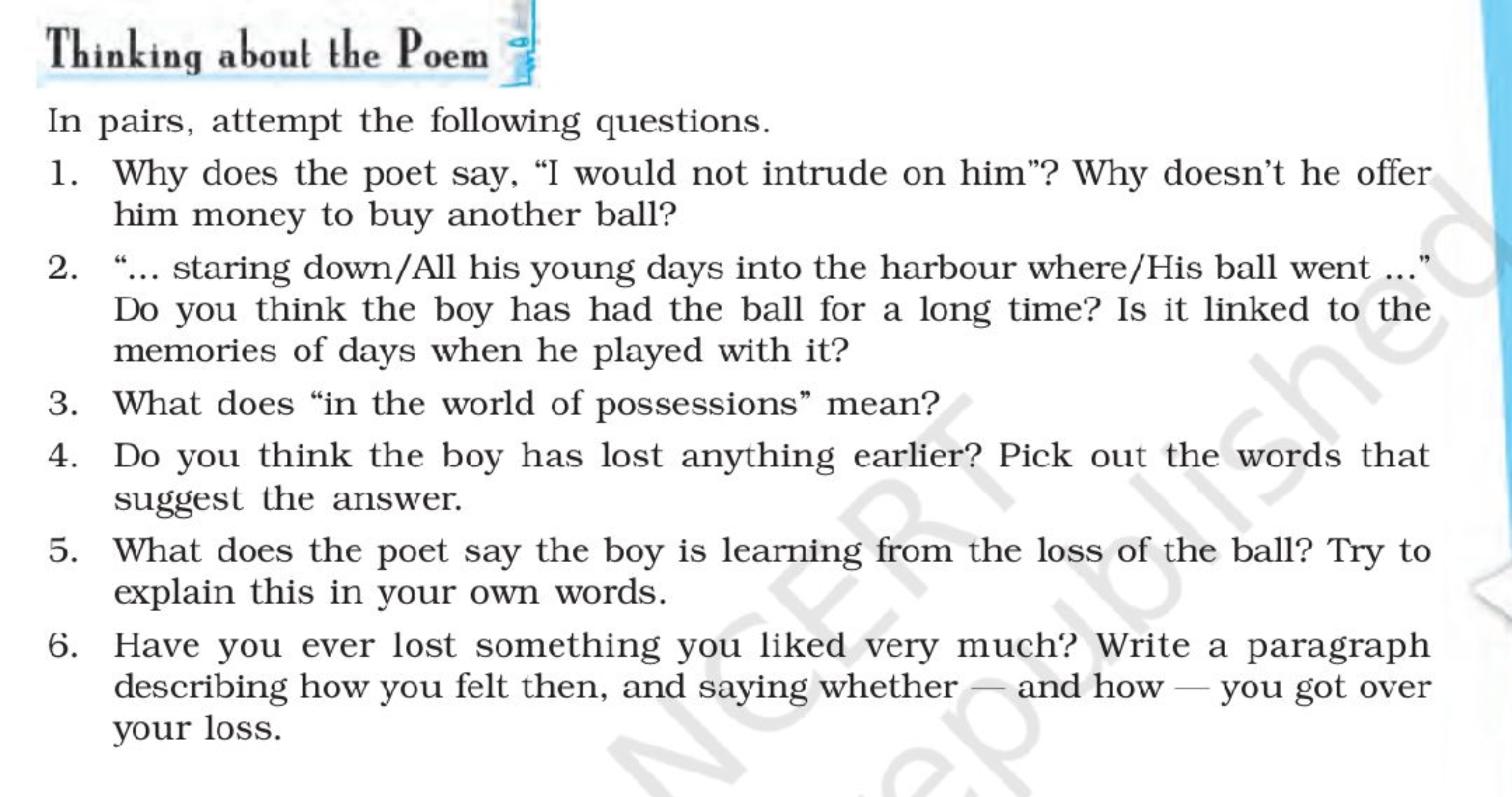 Thinking about the Poem
In pairs, attempt the following questions.
1. 