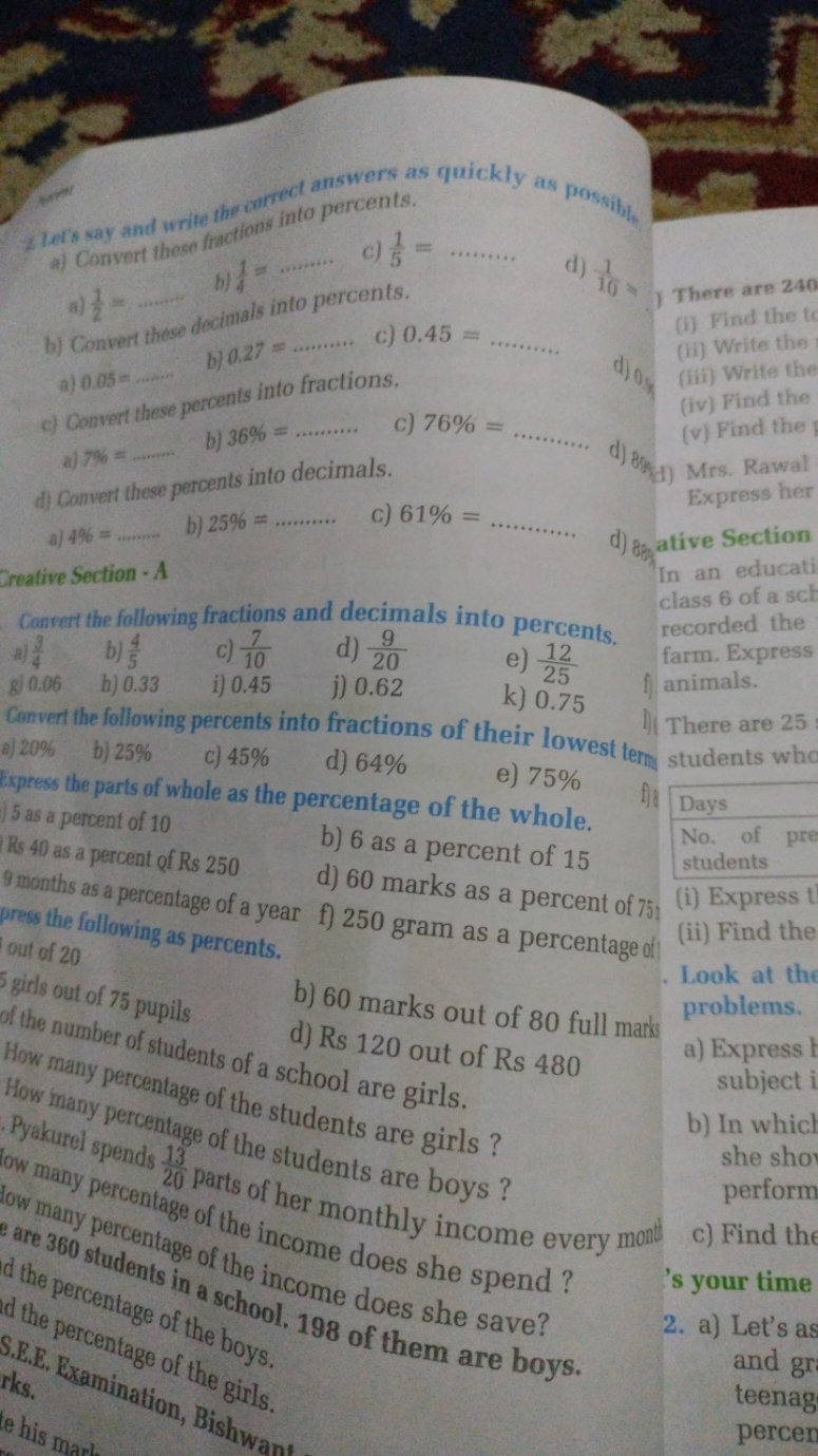 a) Convert these fractions into percents.
a) 21​=
b) 41​=……..
c) 51​= 