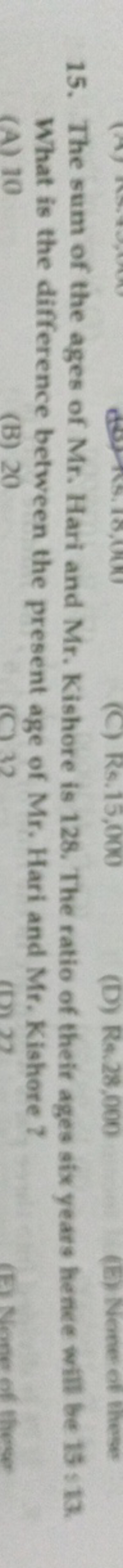 15. The sum of the ages of Mr. Hari and Mr. Kishore is 128 . The ratio