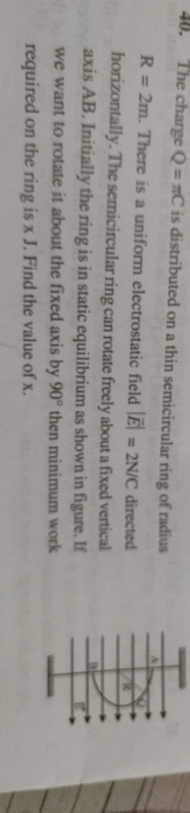 40. The charge Q=πC is distributed on a thin semicircular ring of radi