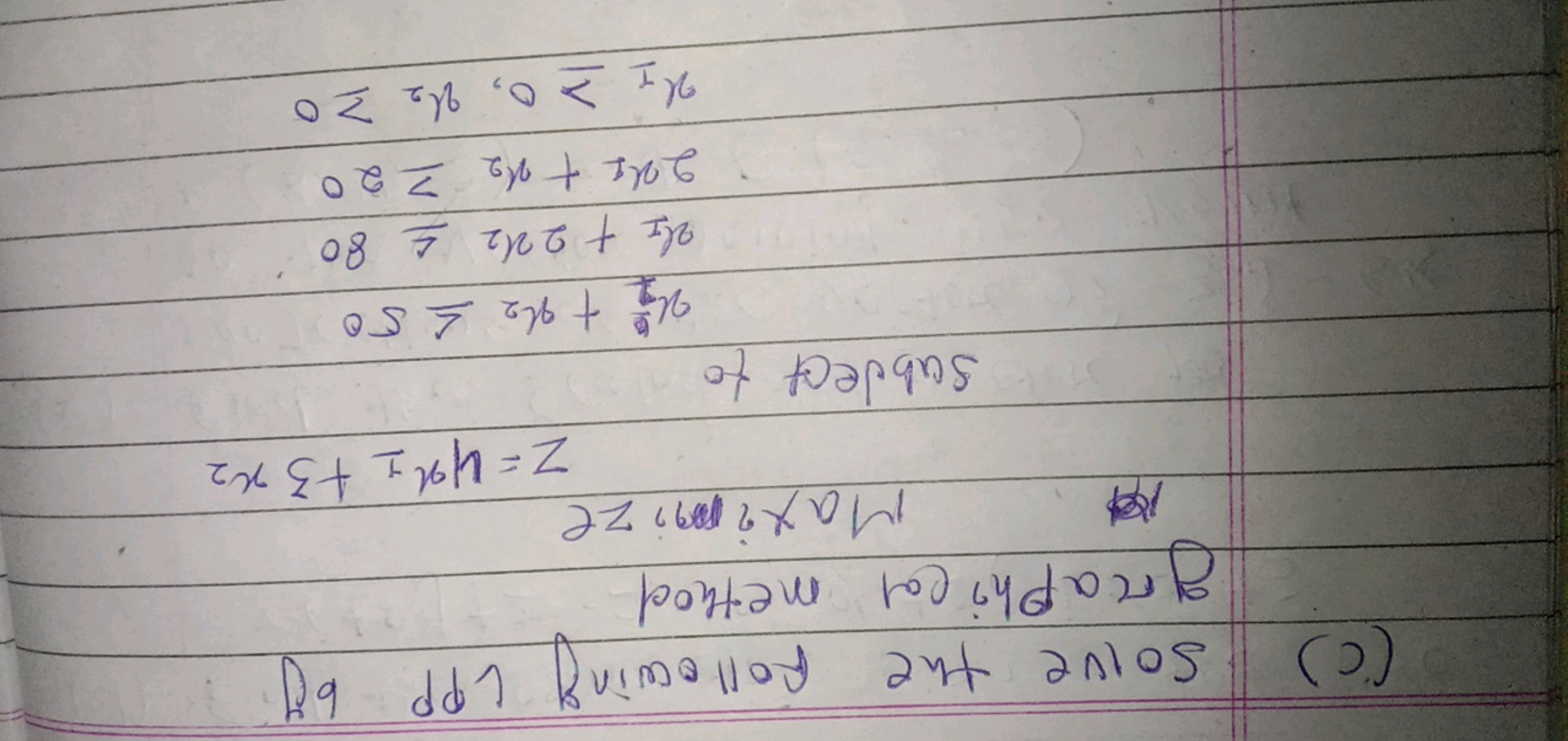 (c) Solve the following LPP by graphical method Maximize
z=4x1​+3x2​
s