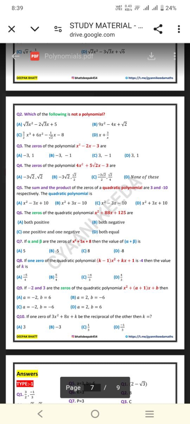 8:39
-о
STUDY MATERIAL - ...
drive.google.com
(C) x​+1
(D) 2​x2−33​x+6