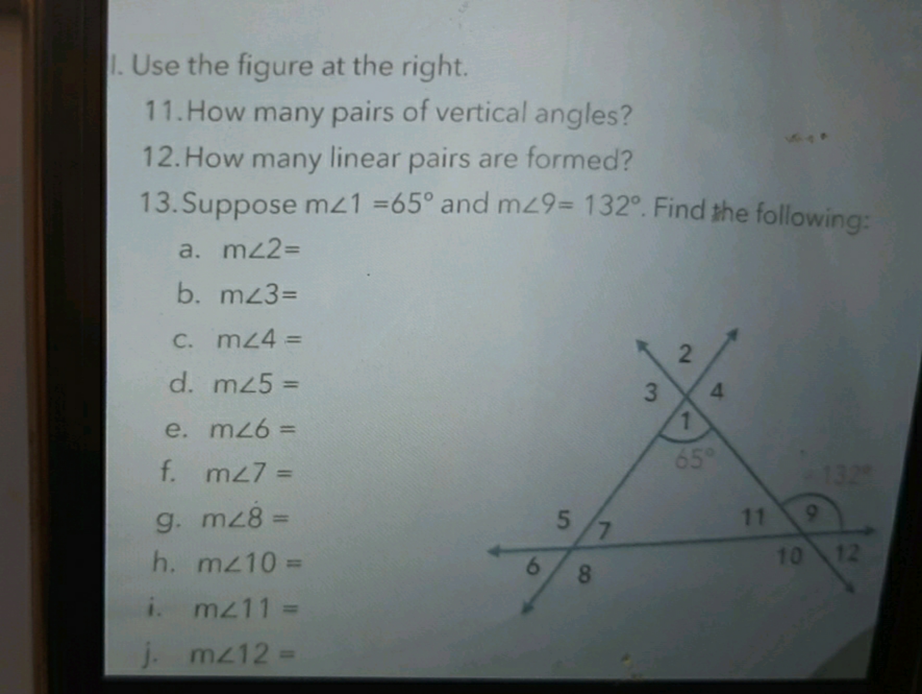 I. Use the figure at the right.
11. How many pairs of vertical angles?